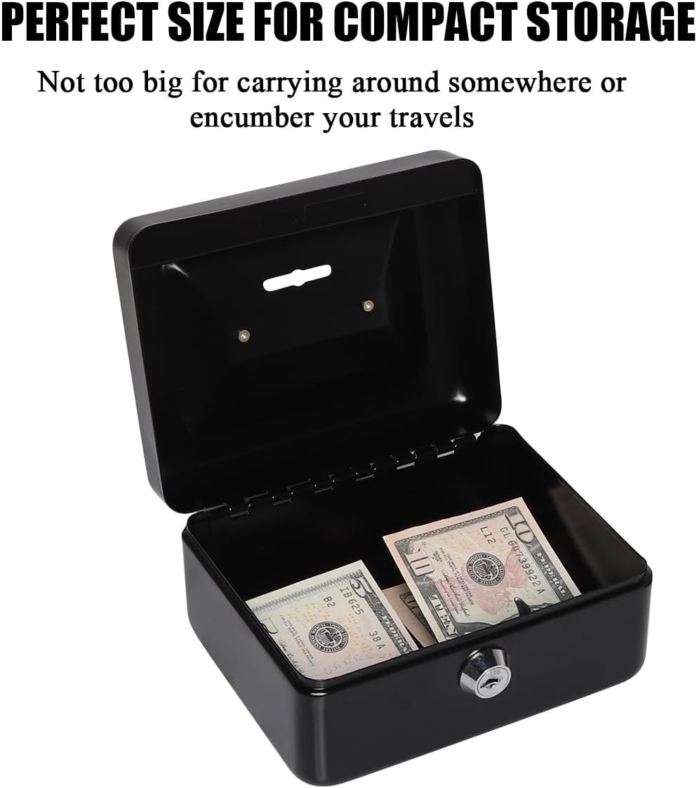 Compact Black Metal Lock Cash Box for Secure Storage – 5.91 x 4.72 x 2.95 in.