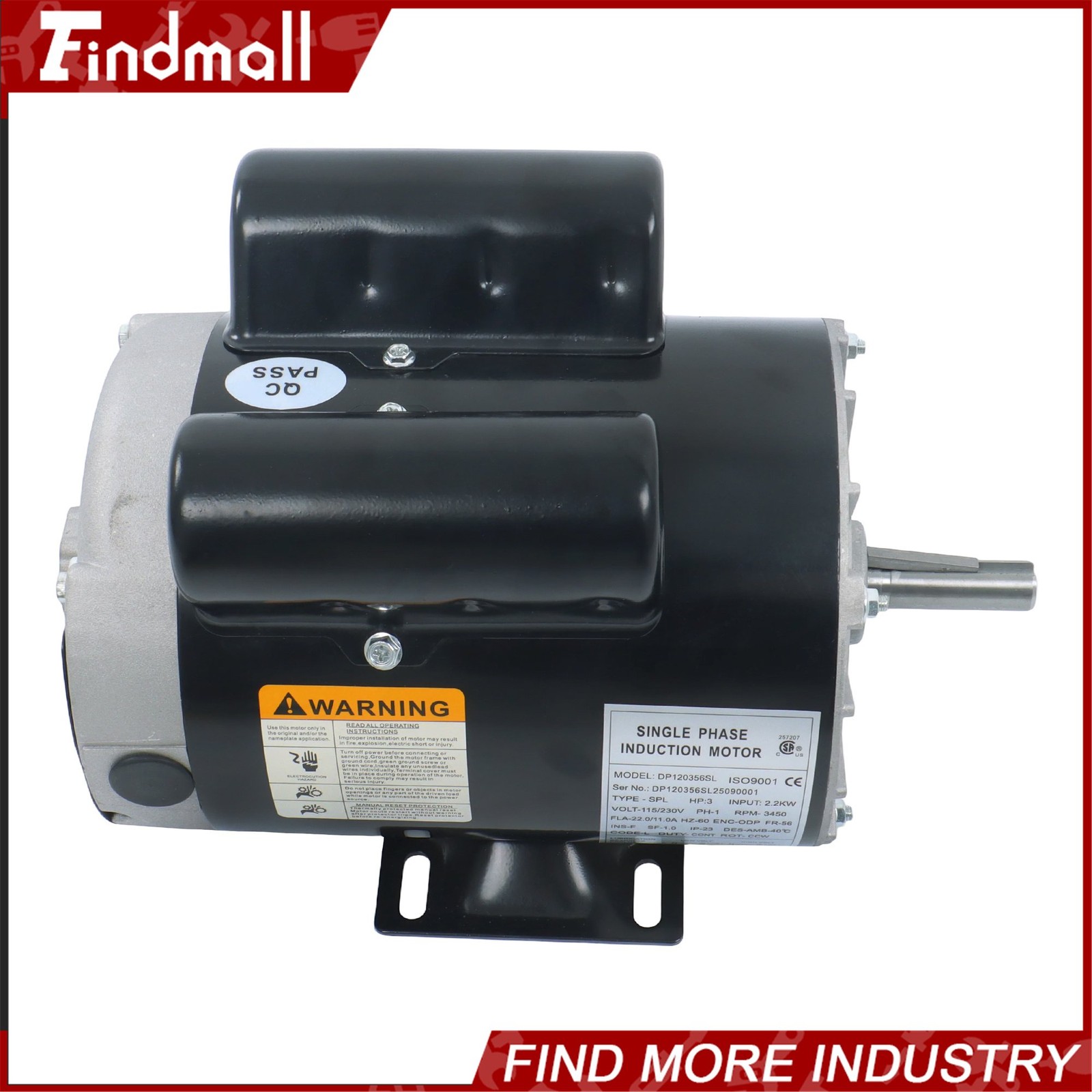Findmall Electric Motor 3HP SPL 3450RPM 56 Frame 1Phase 115-230Volt