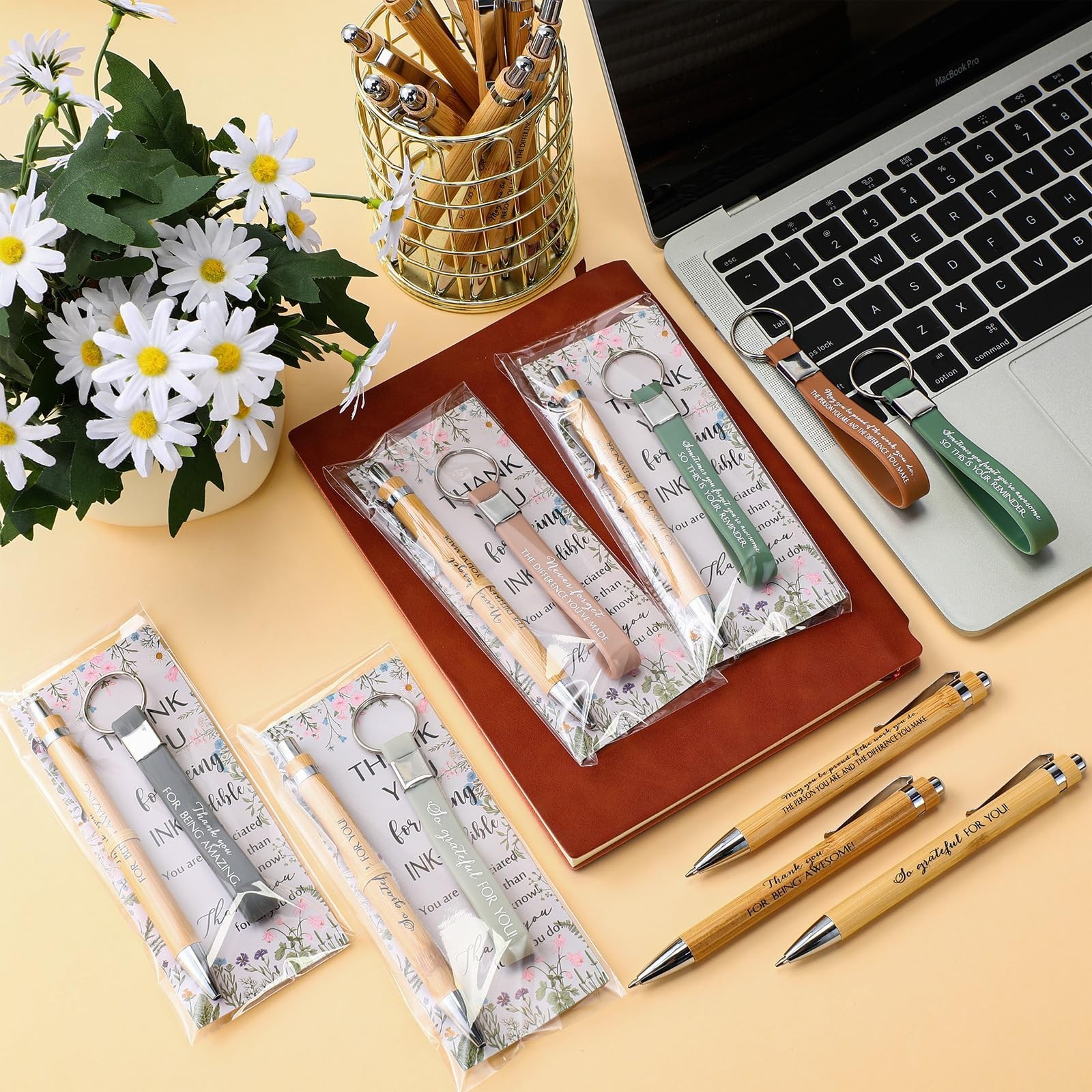 Geyoga 30 Sets Thank You Gifts Bulk Inspirational Silicone Keychain Bamboo Pe…