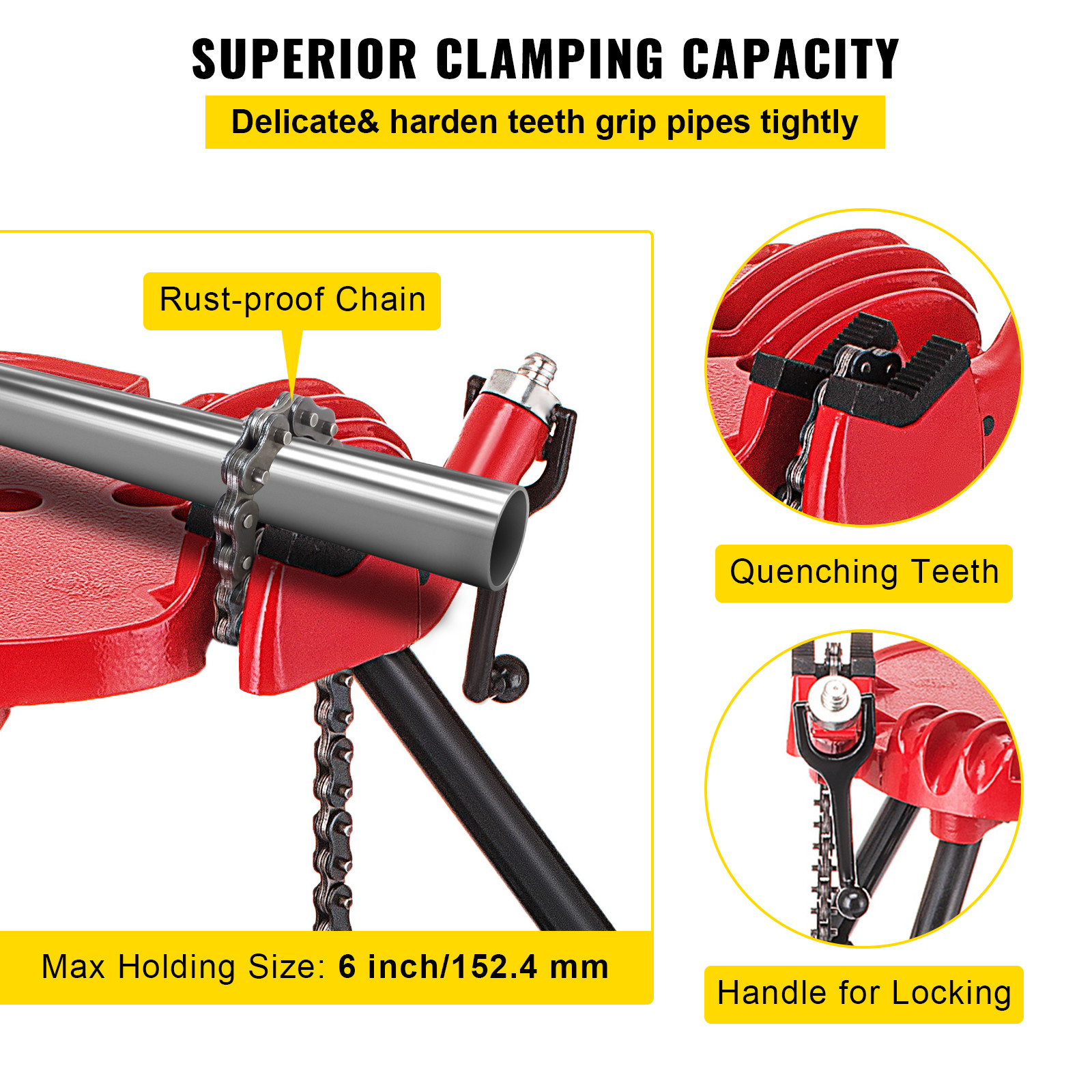 VEVOR 460-6 Tripod Pipe Chain Vise 6″ Capacity Foldable Steel Legs w/ Tool Tray