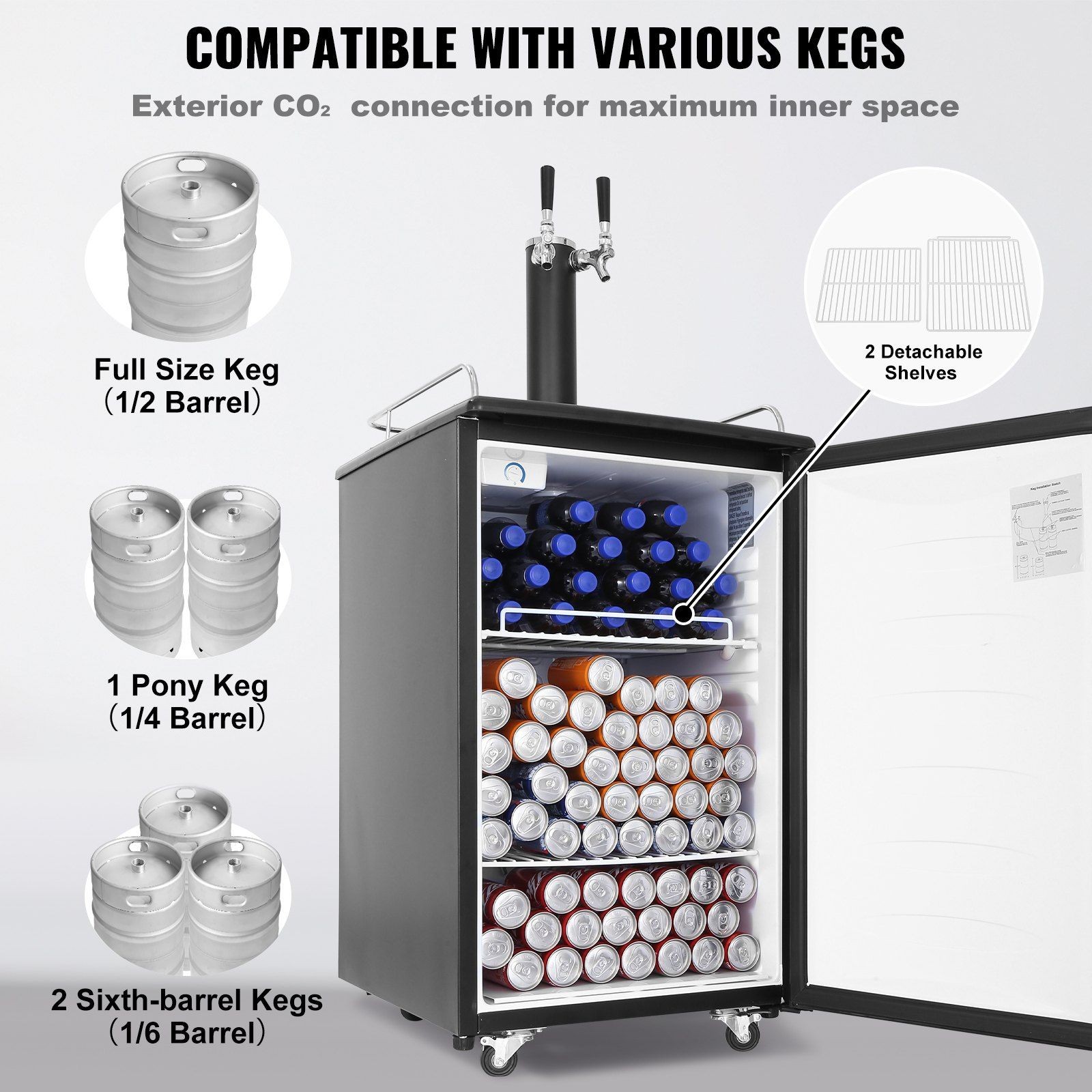 Black Beer Kegerator Dual Tap 1/6 1/4 1/2 Barrel Compatible