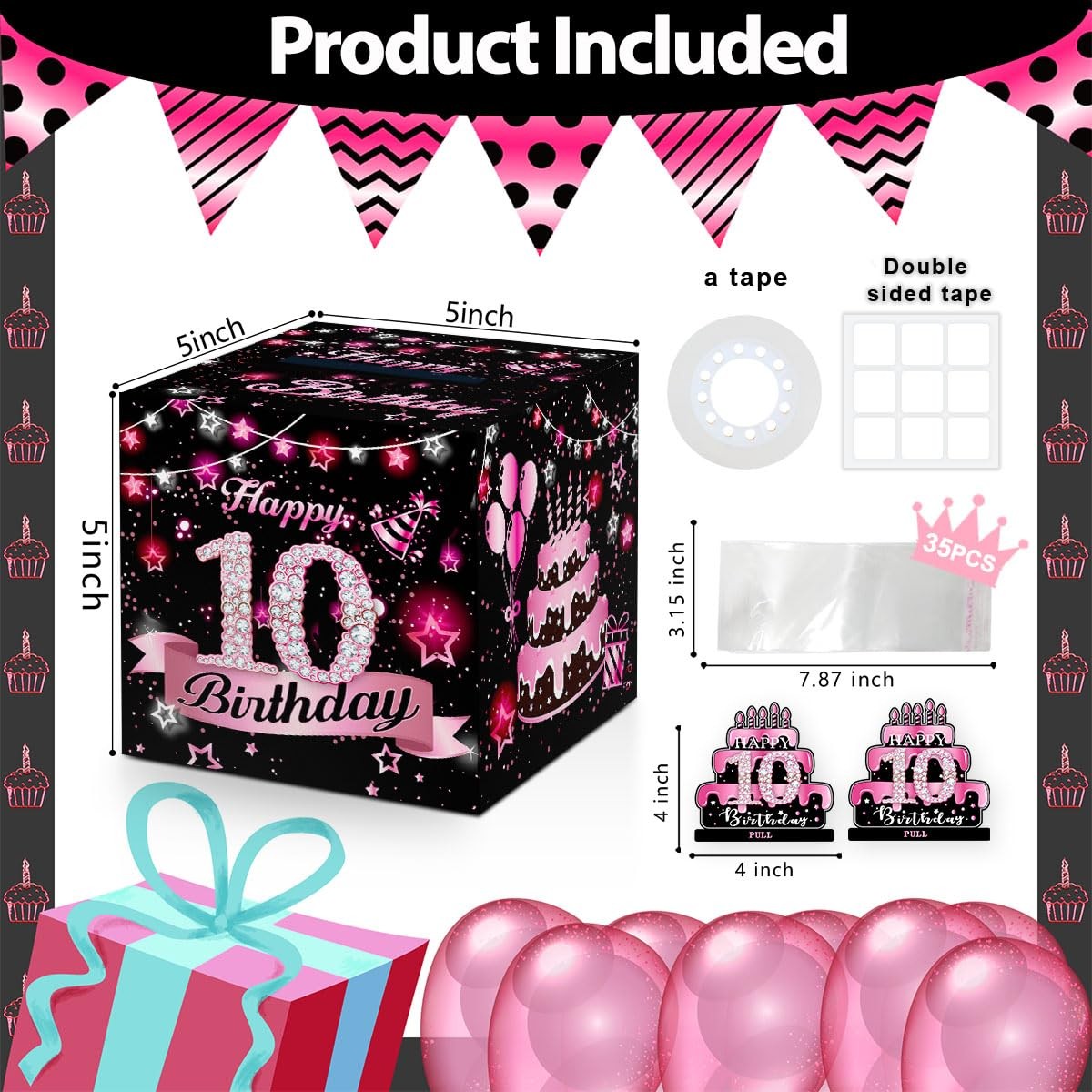 Pink DIY Surprise Explosion Money Box Gift Set 35 Bags 10th Birthday Decor