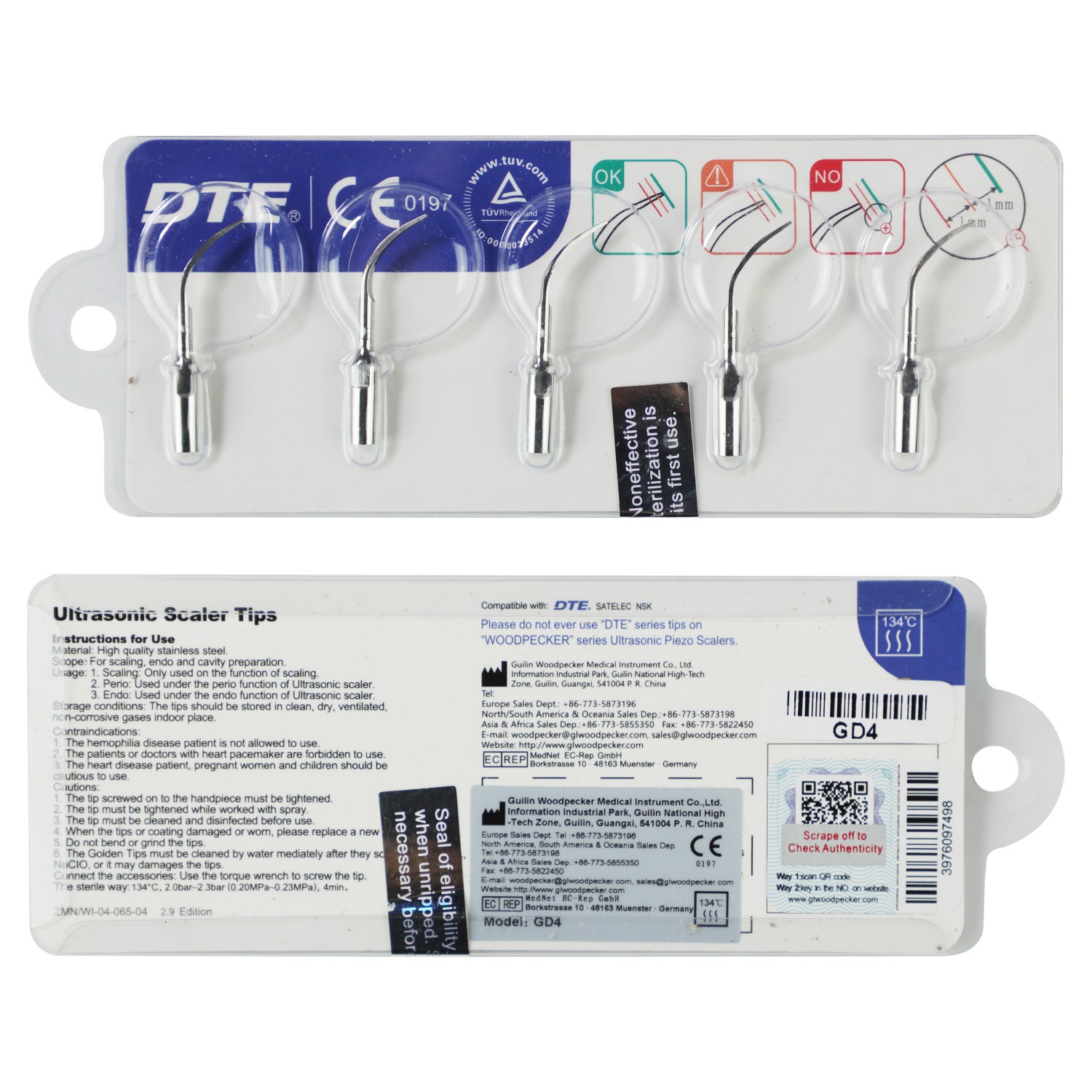 5/pk Dental Ultrasonic Scaler Tips G4 / GD4 Fit Woodpecker EMS / DTE NSK SATELEC