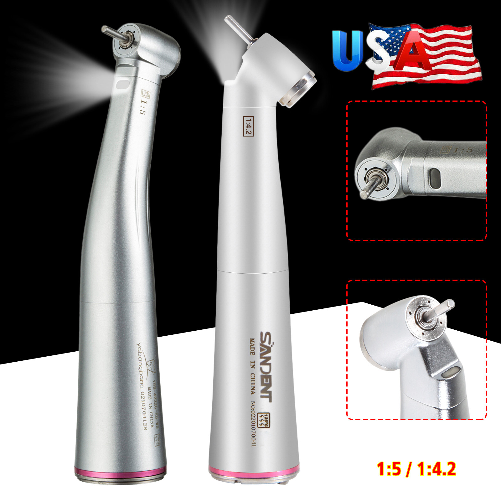 YBB Dental Electric Contra Angle Handpiece 1:1 1:5 45° Surgical Fiber Optic LED