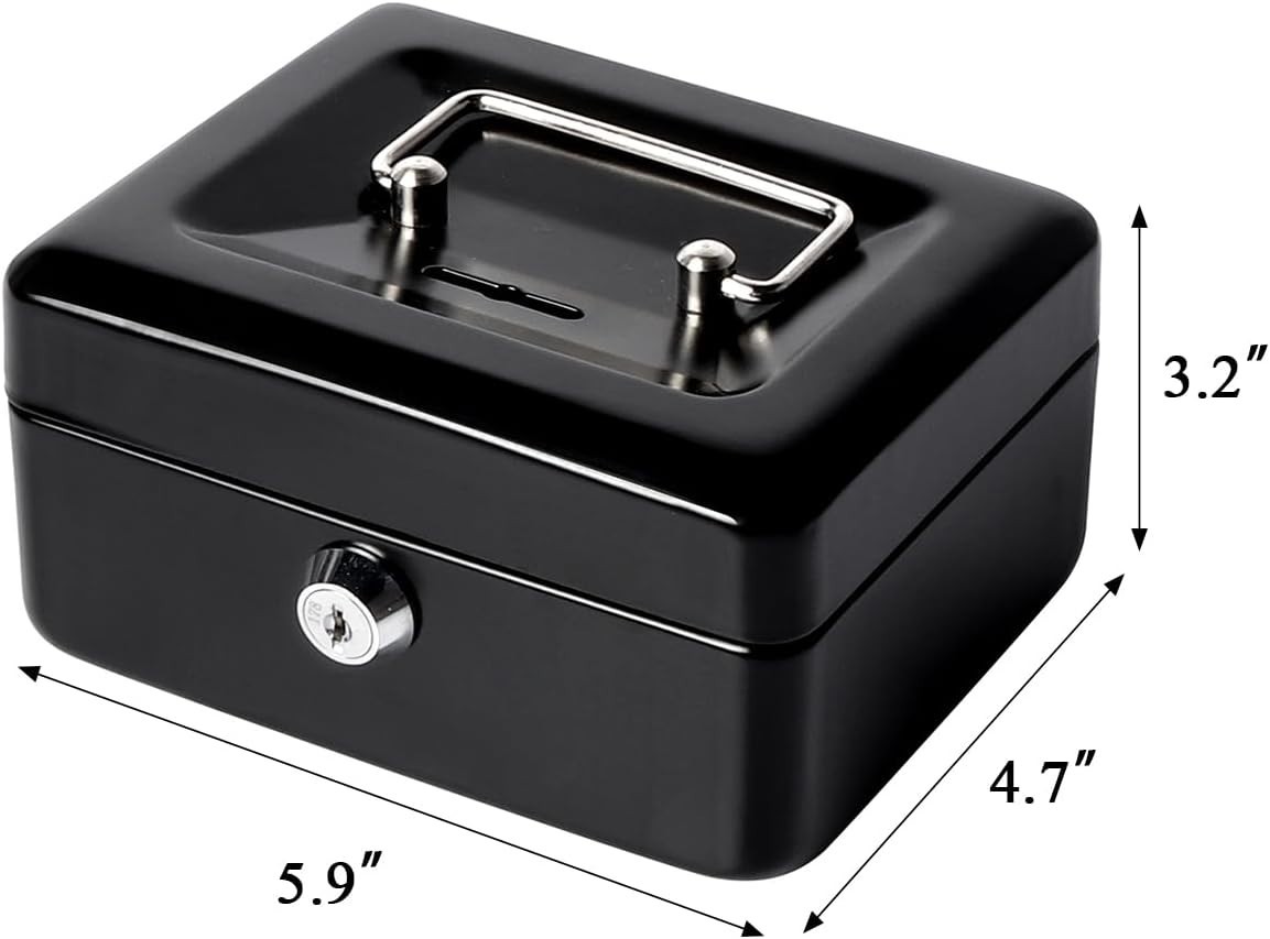 Compact Black Metal Lock Cash Box for Secure Storage – 5.91 x 4.72 x 2.95 in.