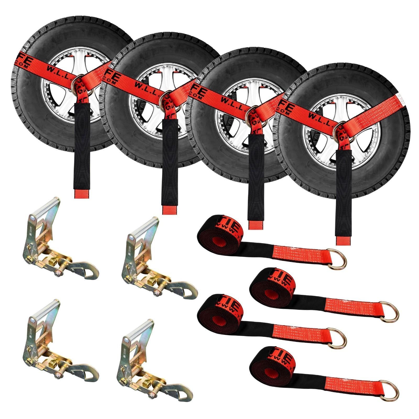 4 Sets 2″ x 10′ Ratchet w/Flat Snap Hook Wheel Lift Lasso Strap Tow Truck Towing
