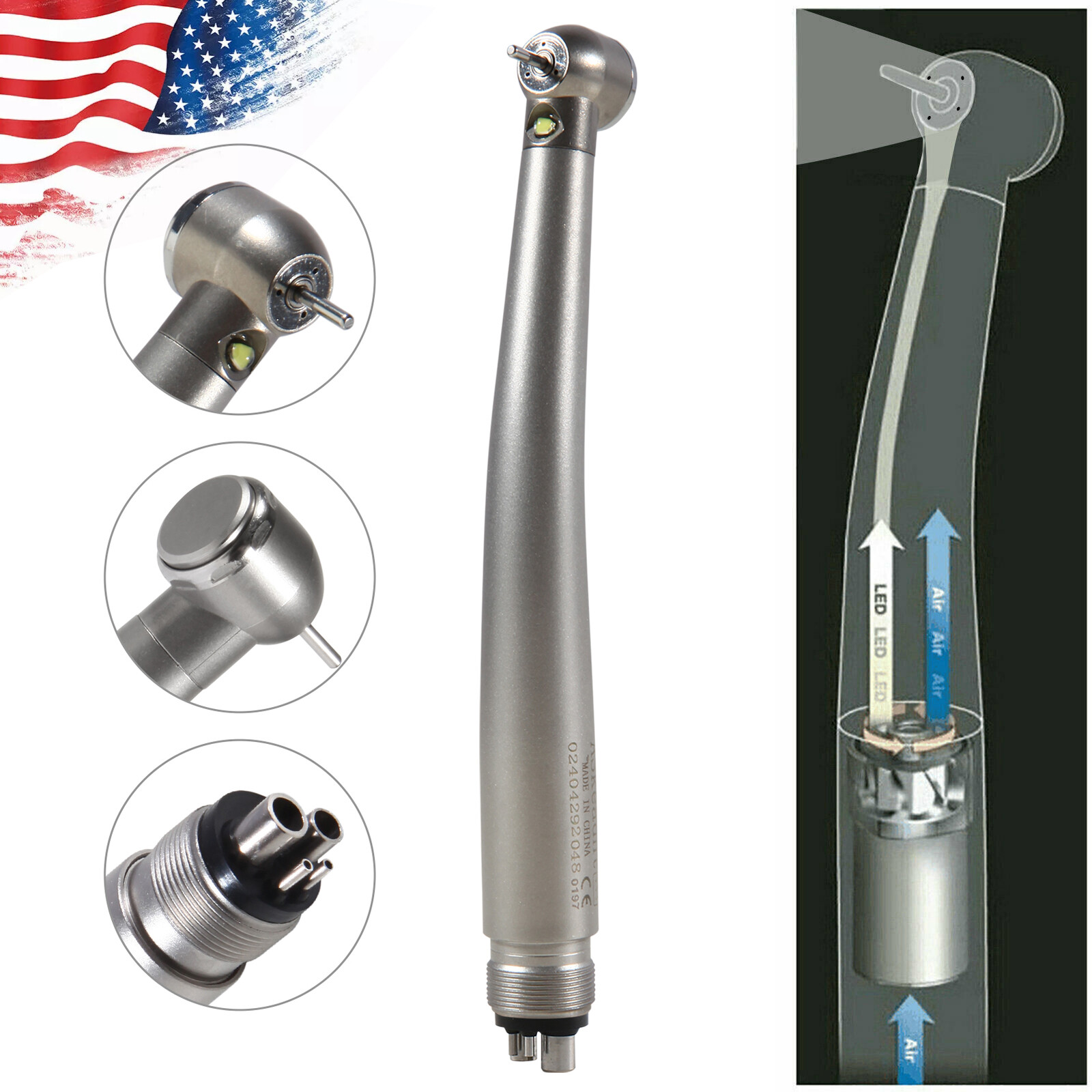 Dental LED E-generator Fiber Optic High Speed Handpiece 4Hole Fit FG1.6mm Burs