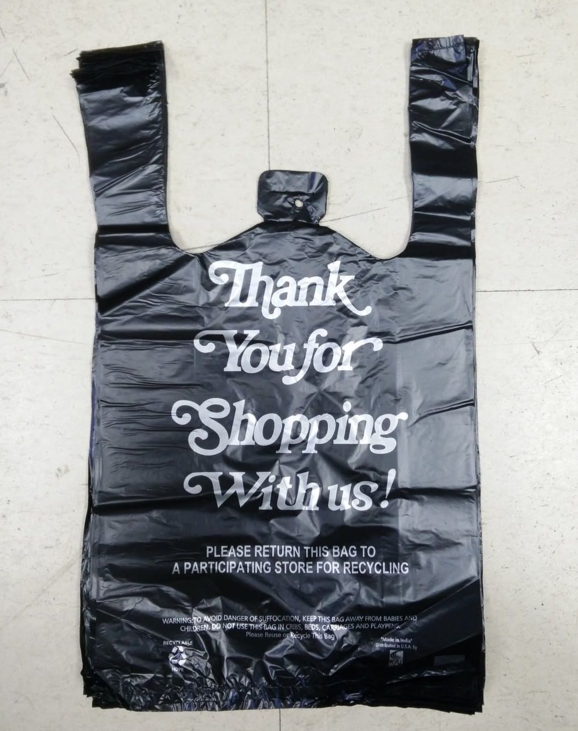 HDPE Black Thank You T-Shirt Bags Bag 1/8 Plastic Shopping Bags 10″ x 5″ x 18″