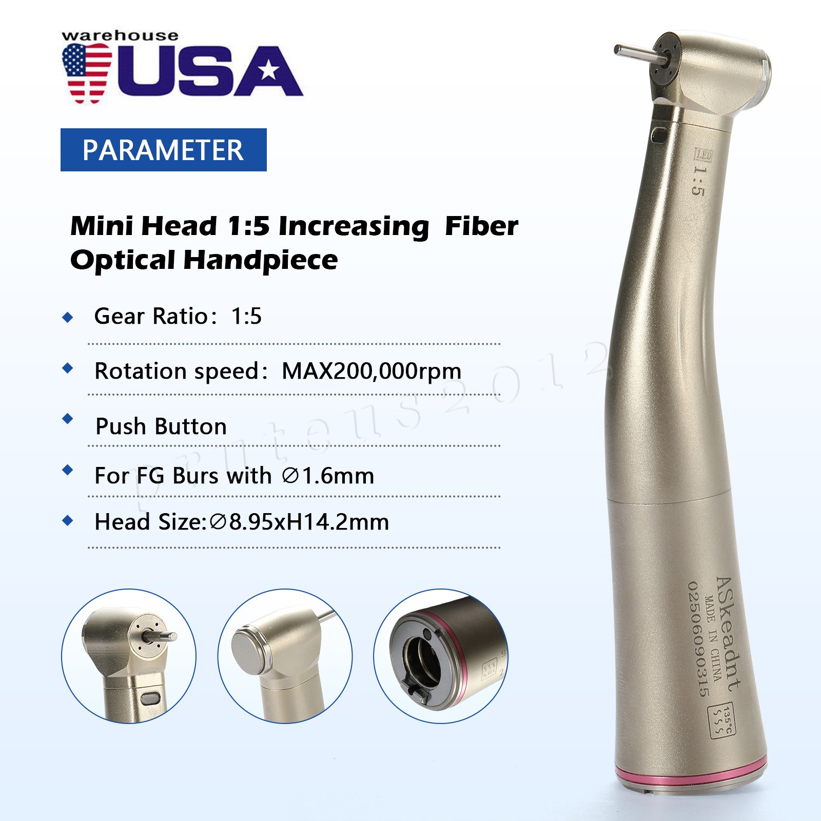 1:5 Contra Angle Electric Dental Handpiece Fiber Optic Mini Head ASKEADNT