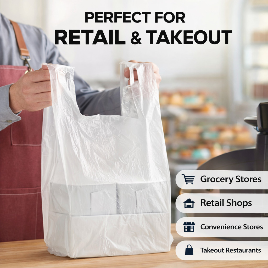 Bags 1/6 Large 21 x 6.5×11.5 Clear .51 Mil T-Shirt Plastic Grocery Shopping Bags