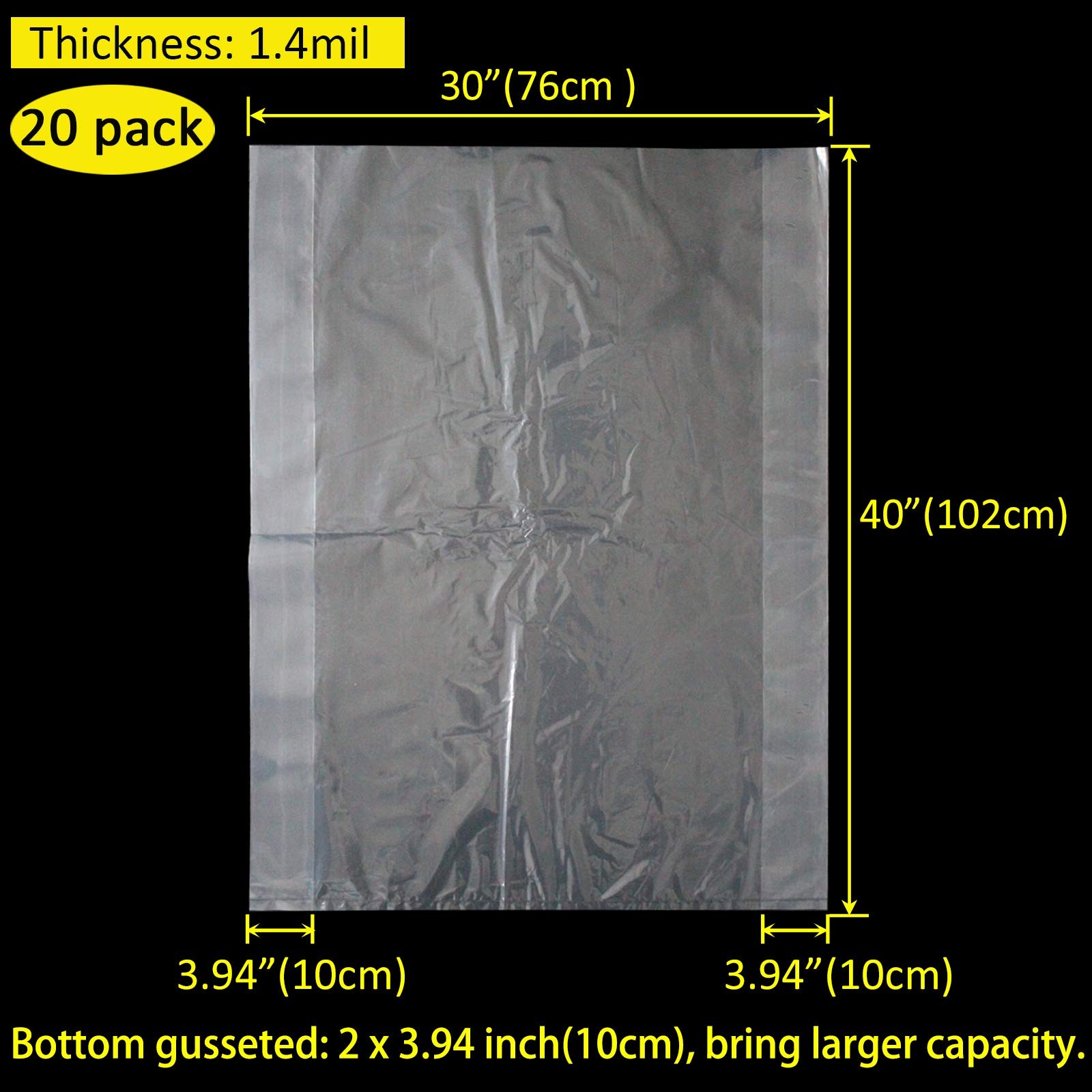 20 Pack 30 x 40 inch 1.4 Mil Clear Plastic Flat Poly Bags Clothing Merchandis…