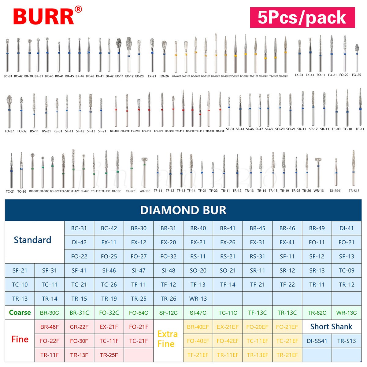 50pcs Fresas es de Diamante FG Mezclado Diamond Burs FG 1.60mm a&