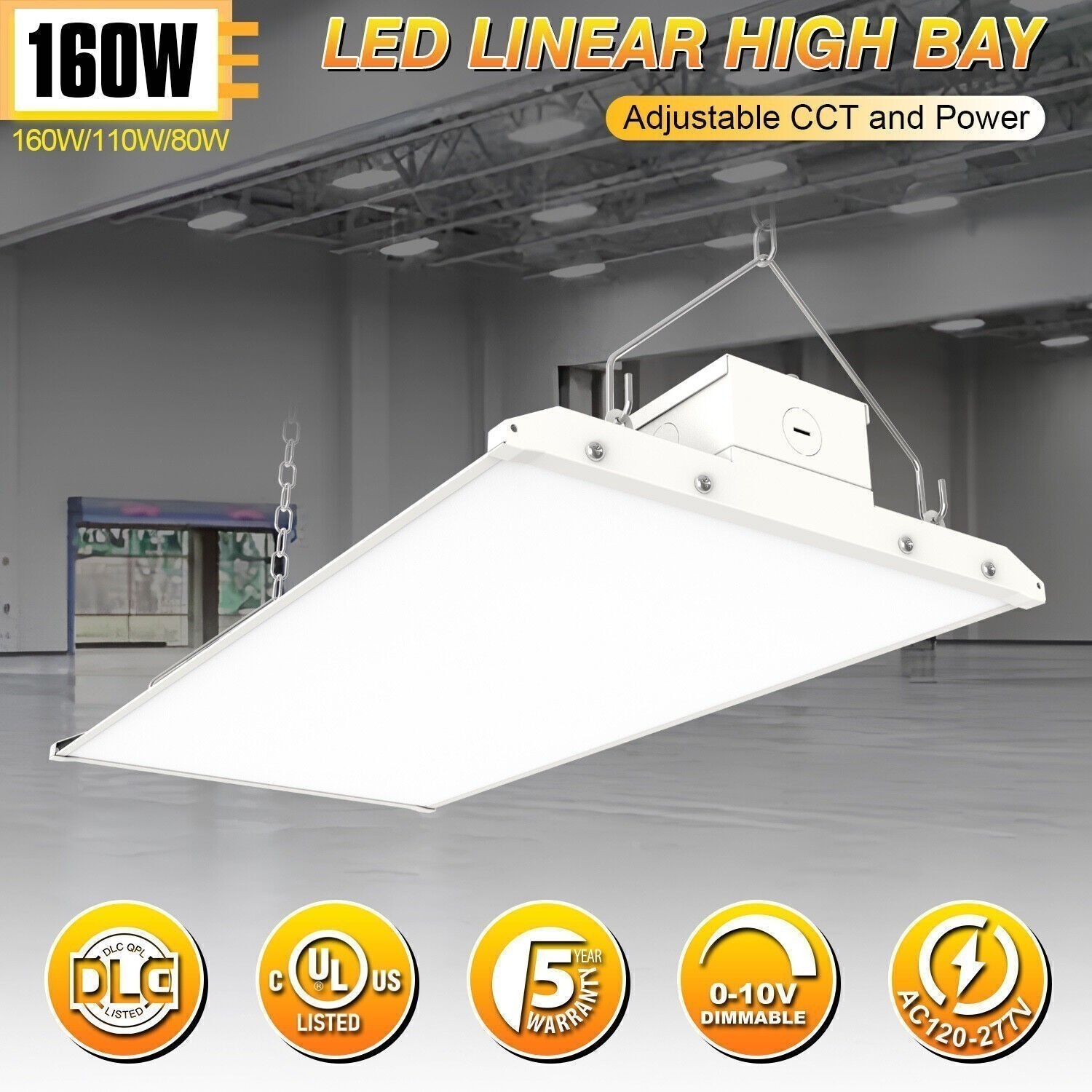 2Pack 160W LED Linear High Bay Shop Light UL Listed Adjustable 3500K/4000K/5000K