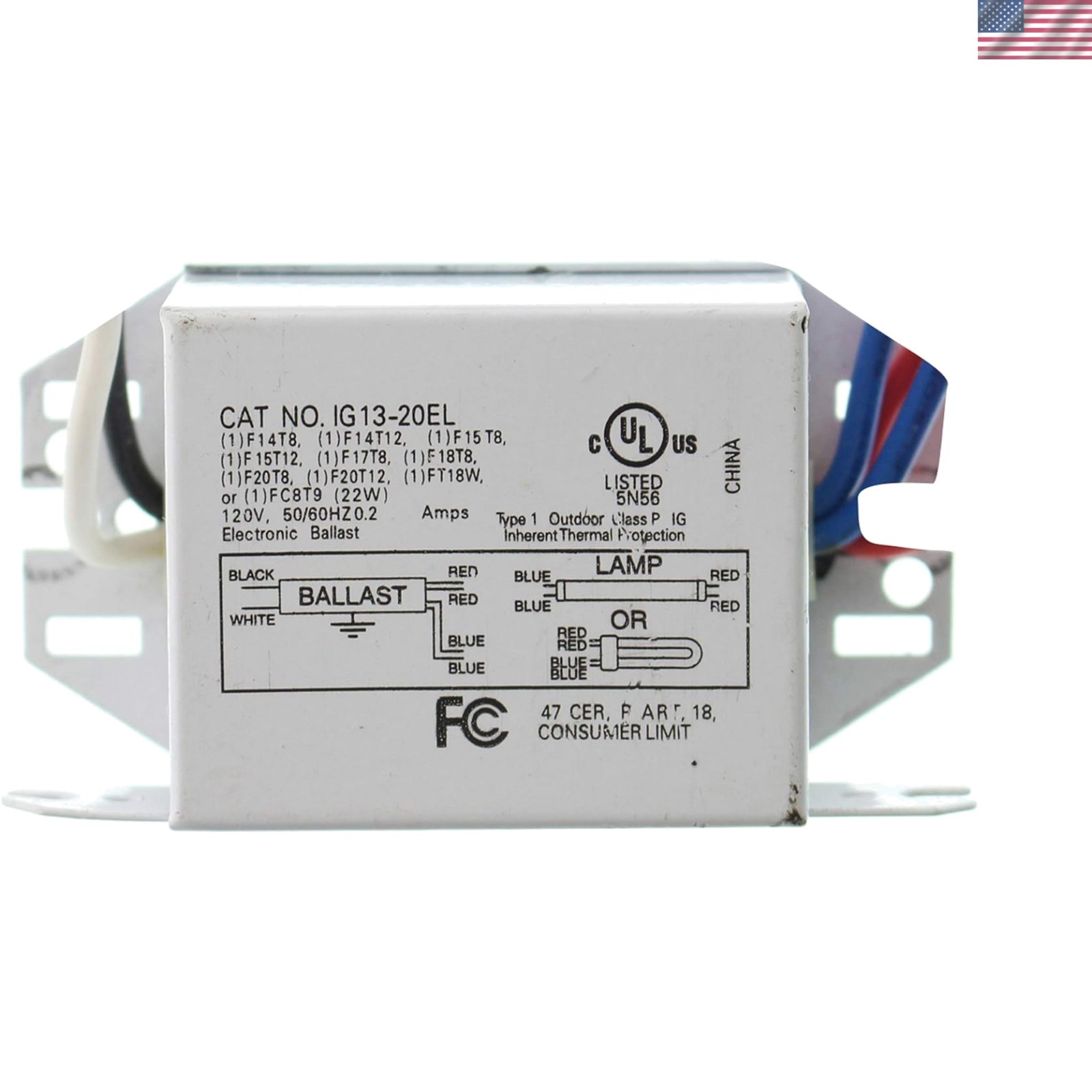 IG13-20EL Magnetic Fluorescent Ballast, 1-Lamp, T8 F20T8, 20W, 120V