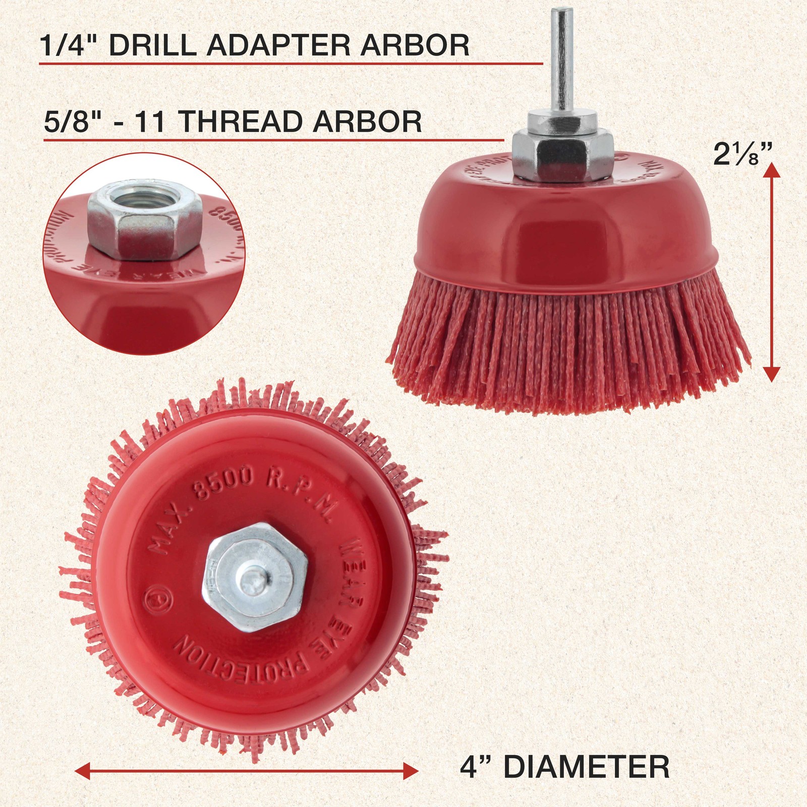 4″ Abrasive Filament Nylon Bristle Cup Brush, Sanding Scuffing, 5/8″ Thread 1/4″