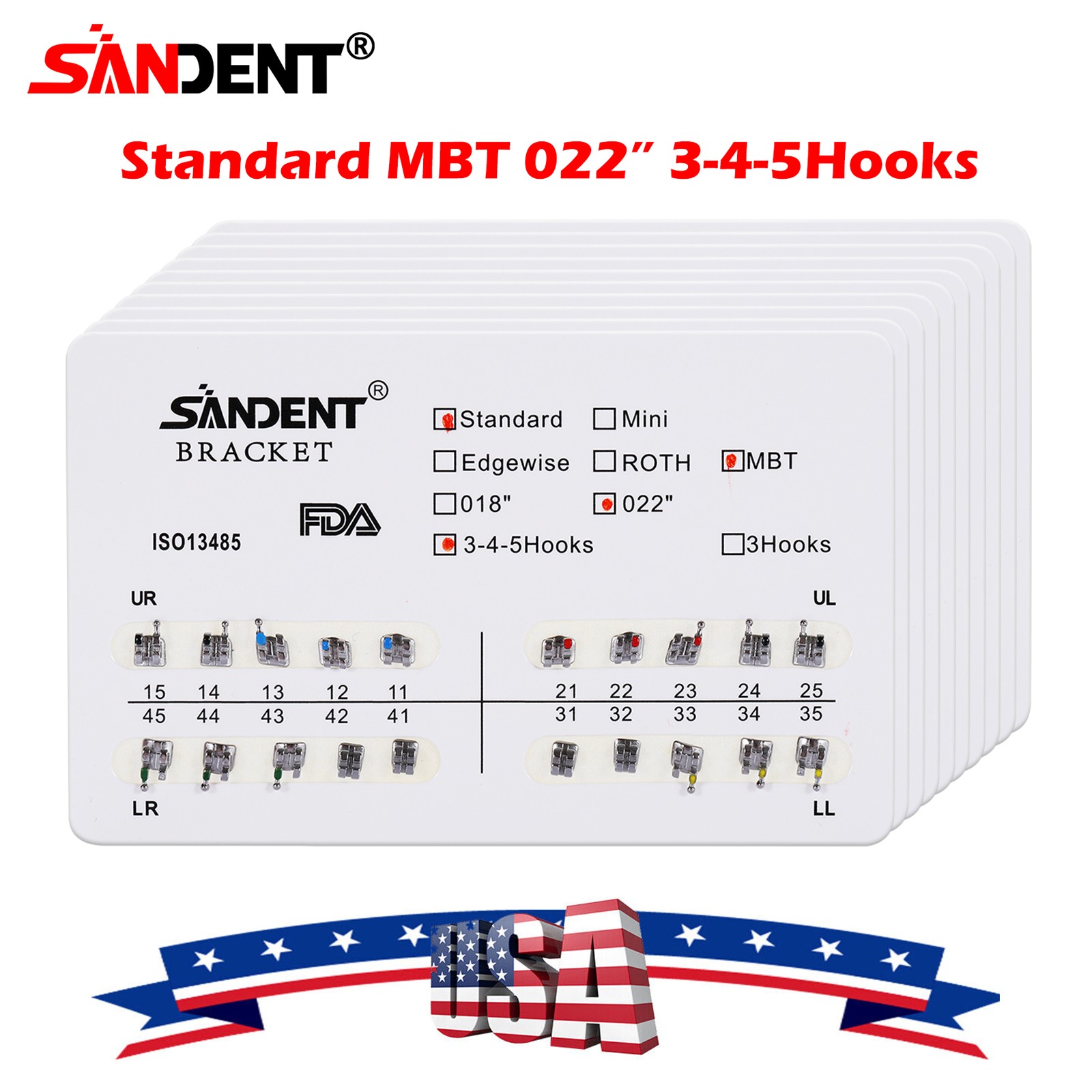 10x SANDENT Dental Orthodontics Brackets Brace Standard MBT 0.022″ Hooks 3-4-5