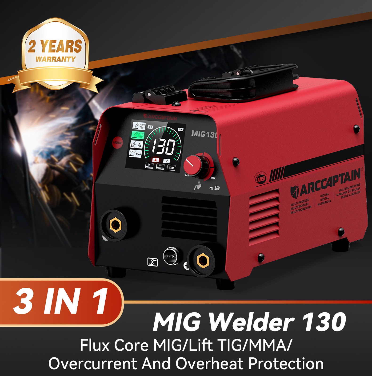 ARCCAPTAIN 3 in 1 MIG Welder 130Amp Flux Core Mig/Lift TIG/MMA Gasless Digital?