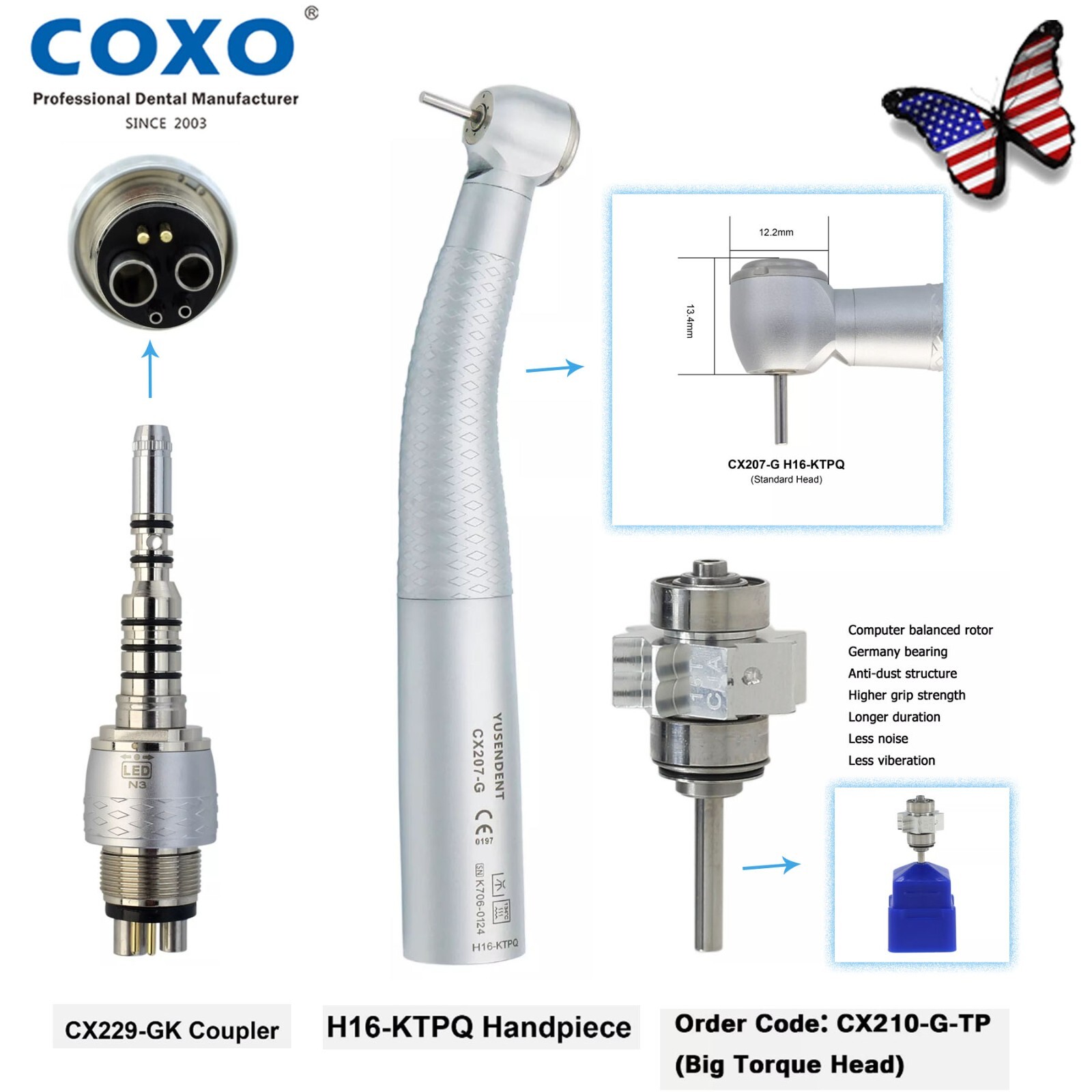COXO Dental H16-KTPQ High Speed Handpiece Fiber Optic 6 LED for KAVO MULTIflex