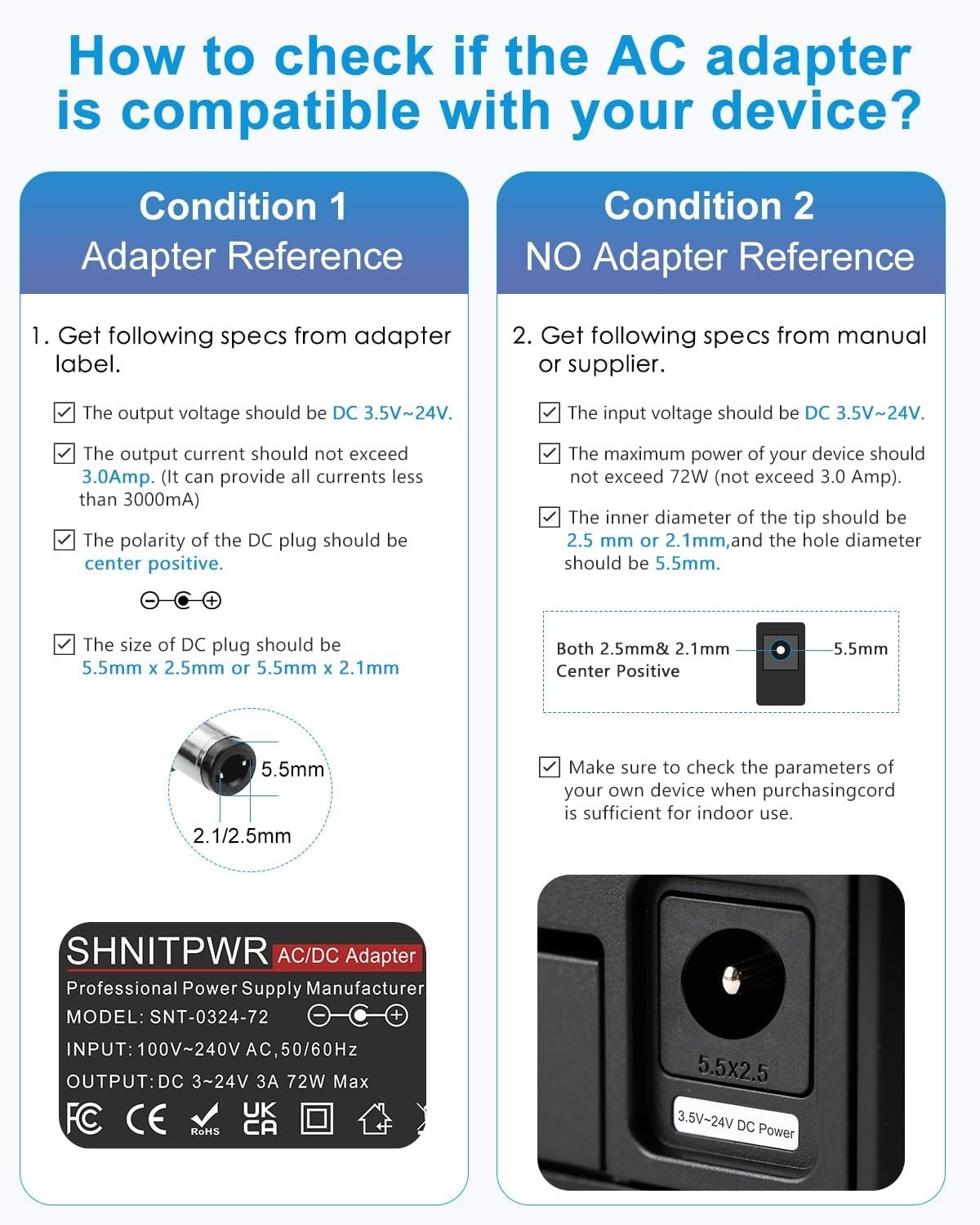 Universal 3A Power Adapter 3V to 24V Adjustable Output for Various Devices