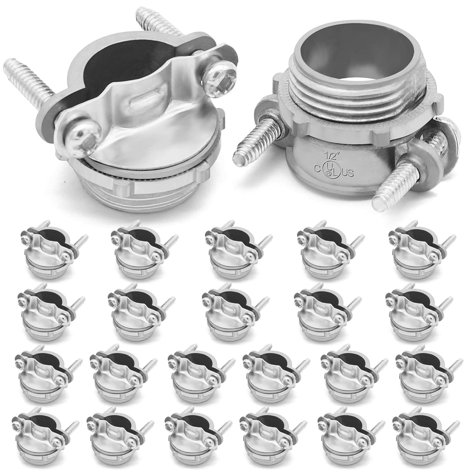 24 PCS 1/2 Inch Clamp Type Cable Connectors Metallic Conduit Silver Fitting