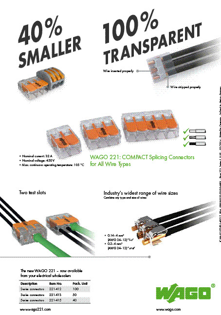 50 pcs WAGO 221-413 COMPACT Splicing Connectors 3 pole Lever Nuts FREE SHIPPING!