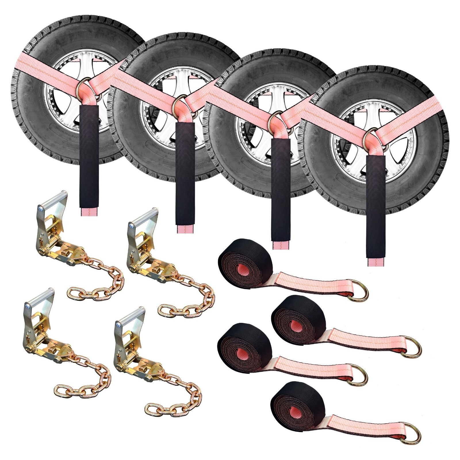 16 Pcs 2″ x 10′ Ratchet Wheel Lift Lasso Strap w/ Chain Extension For Tow Truck