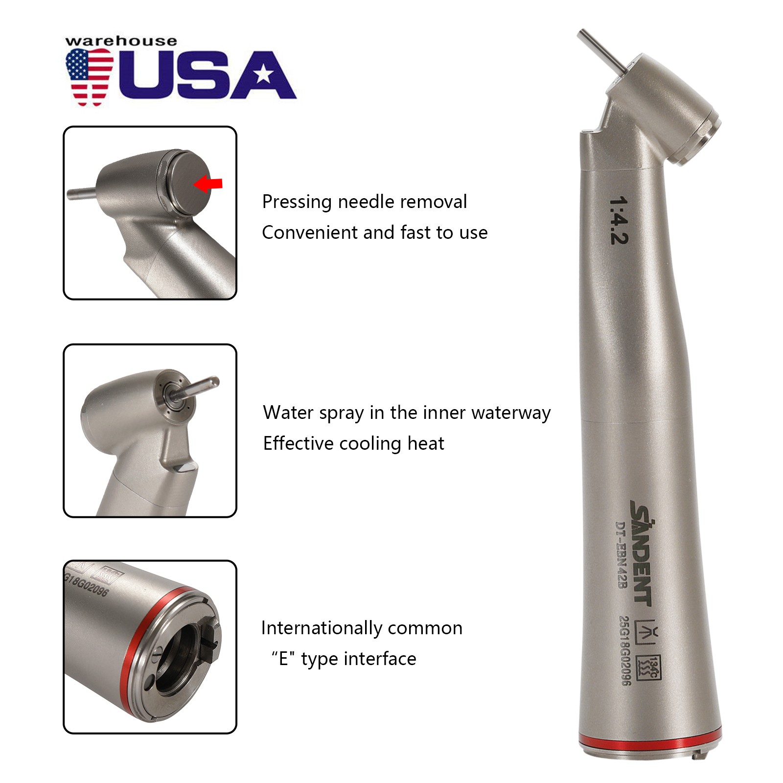 Dental LED Handpiece 1:4.2 Contra Angle 45° LED Fiber Optic Turbine Inner UPS