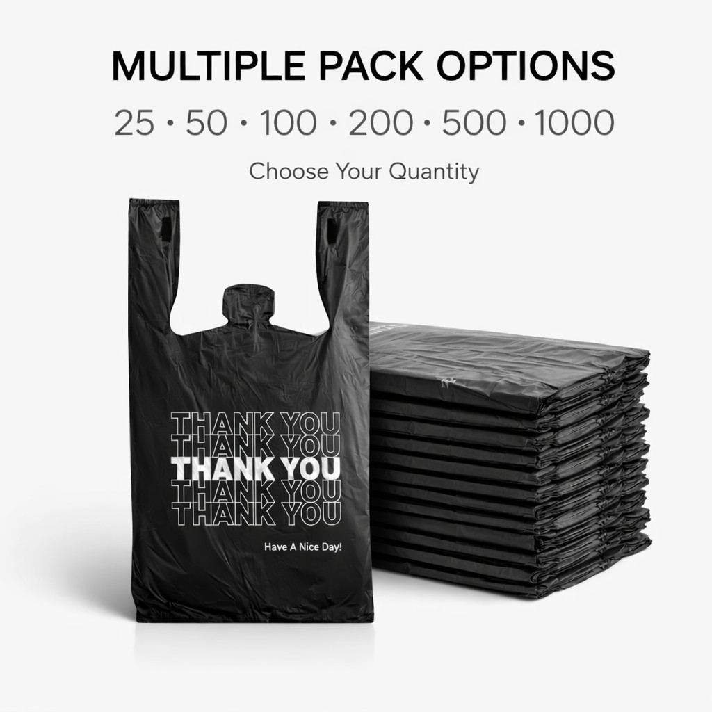 Bags 1/6 Large 21 x 6.5 x 11.5 Black THANK YOU T-Shirt Plastic Shopping Bags