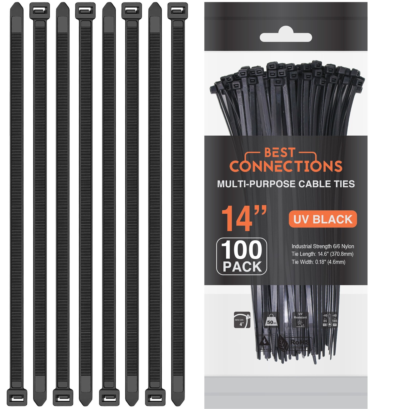 1000 Pieces 14″ Black Nylon Cable Straps Zip Ties Wire 50 Lbs Tensile Strength