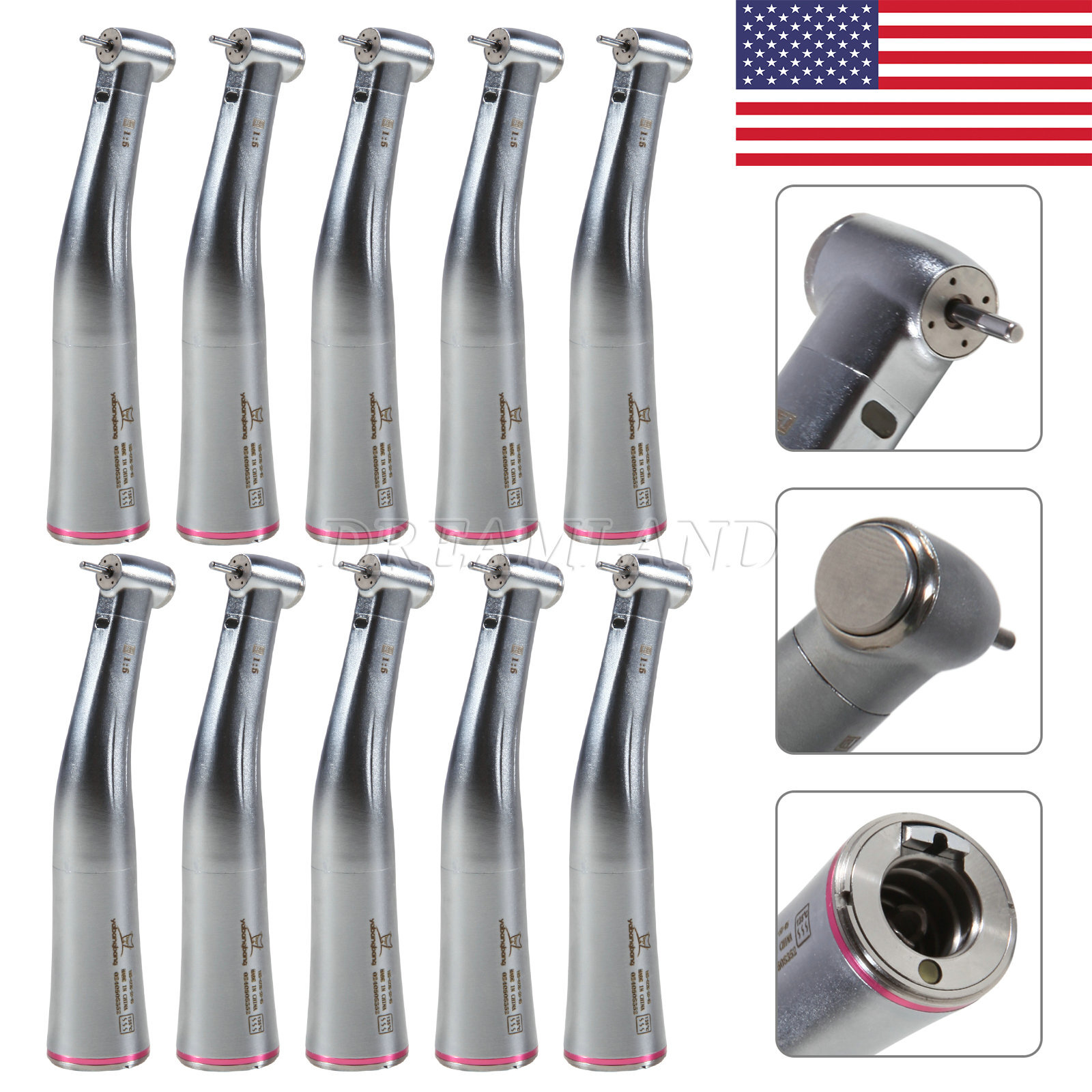 NSK Ti-MAX X95L Style Dental 1:5 LED Fiber Optic Contra Angle Handpiece Red Ring
