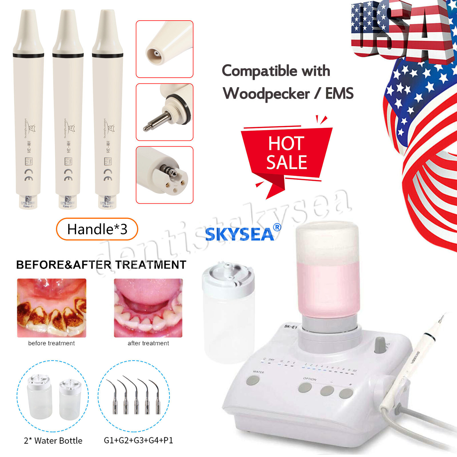 Dental Ultrasonic Piezo Scaler for EMS Woodpecker+3*Detachable Handpiece