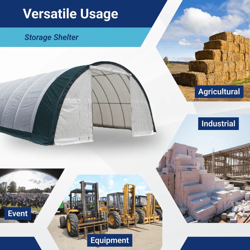 30’x40’x15′ Single Truss Arch Storage Shelter| 15OZ PVC Canvas W/Man Door