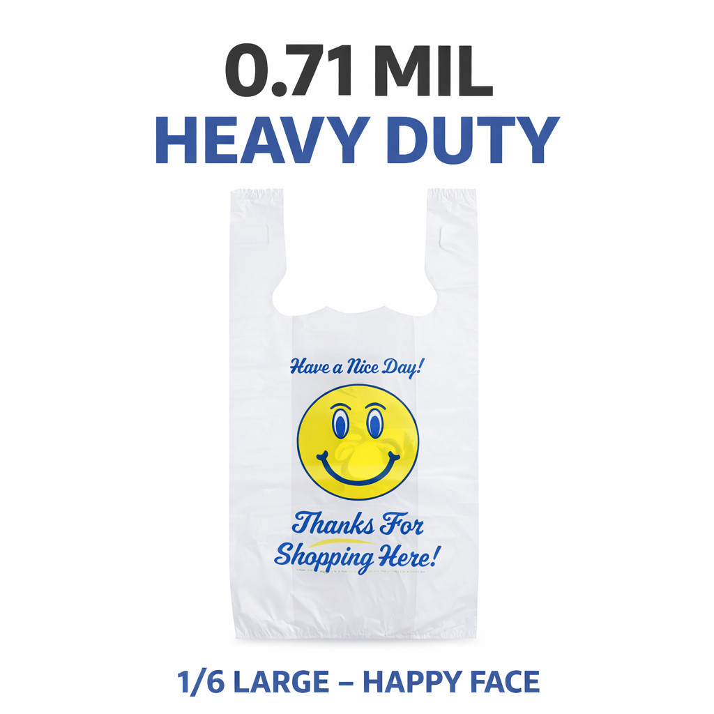 Bags Heavy Duty 1/6 21 x 6.5 x 11.5 Happy Face T-Shirt Plastic Grocery Shopping