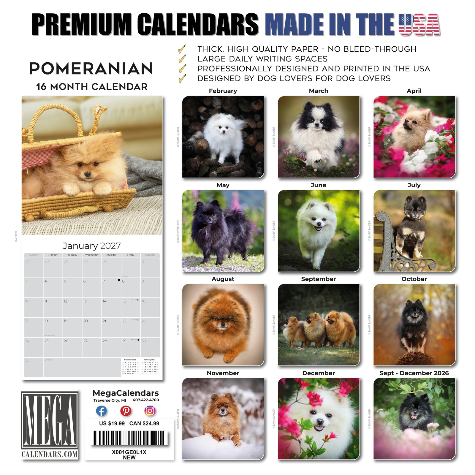 Pomeranian Dog Breed Calendar 2025 FULL SIZE 12×24 Made in USA