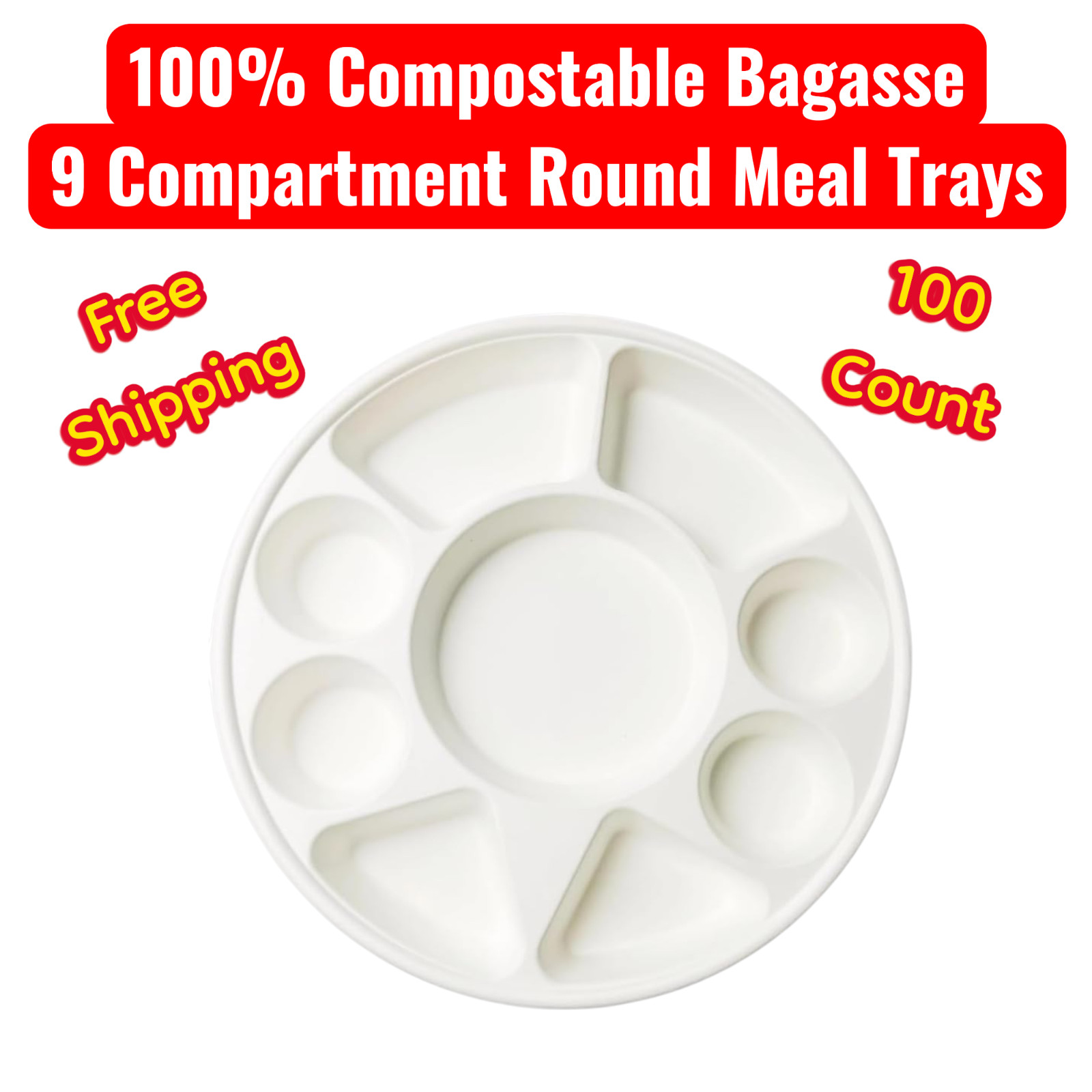 (100/Count) 100% Compostable 9 Compartment Bagasse Meal Tray, White