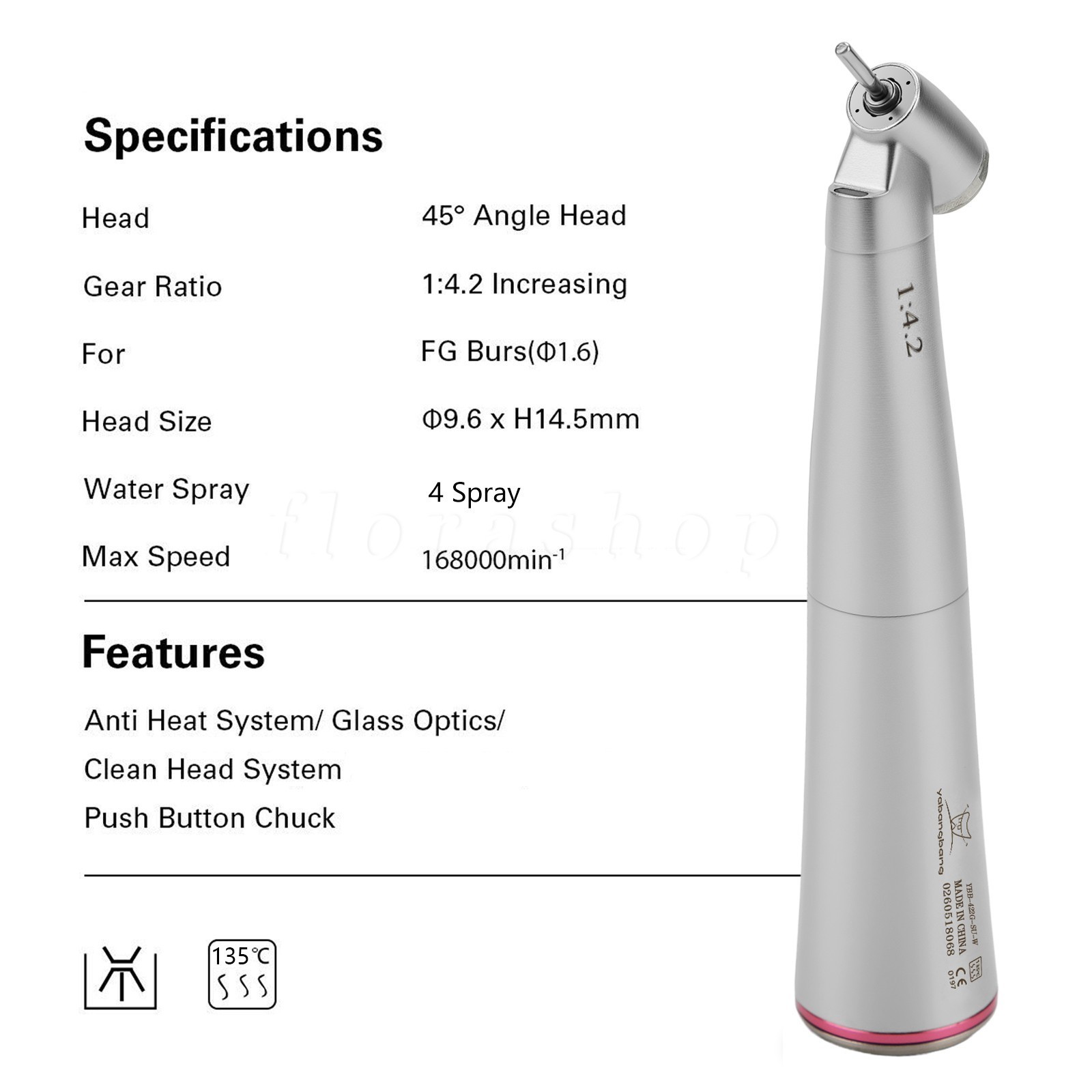 3* Dental 1:4.2 45° LED Surgical Handpiece Internal 4 Water Spray Push Button