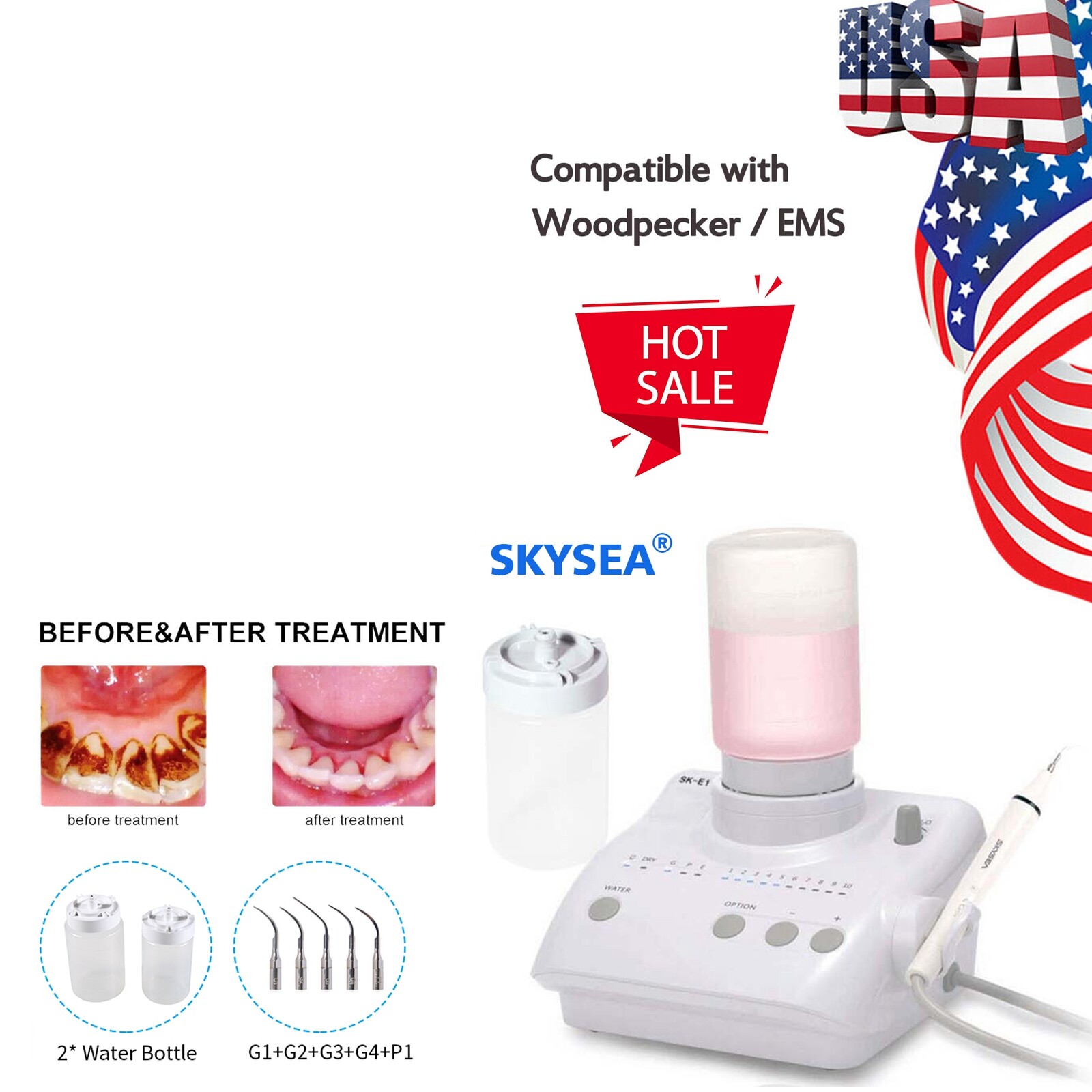 For Cavitron Dental Ultrasonic Scaler fit EMS Woodpecker+4*Handpiece+ Bottles US