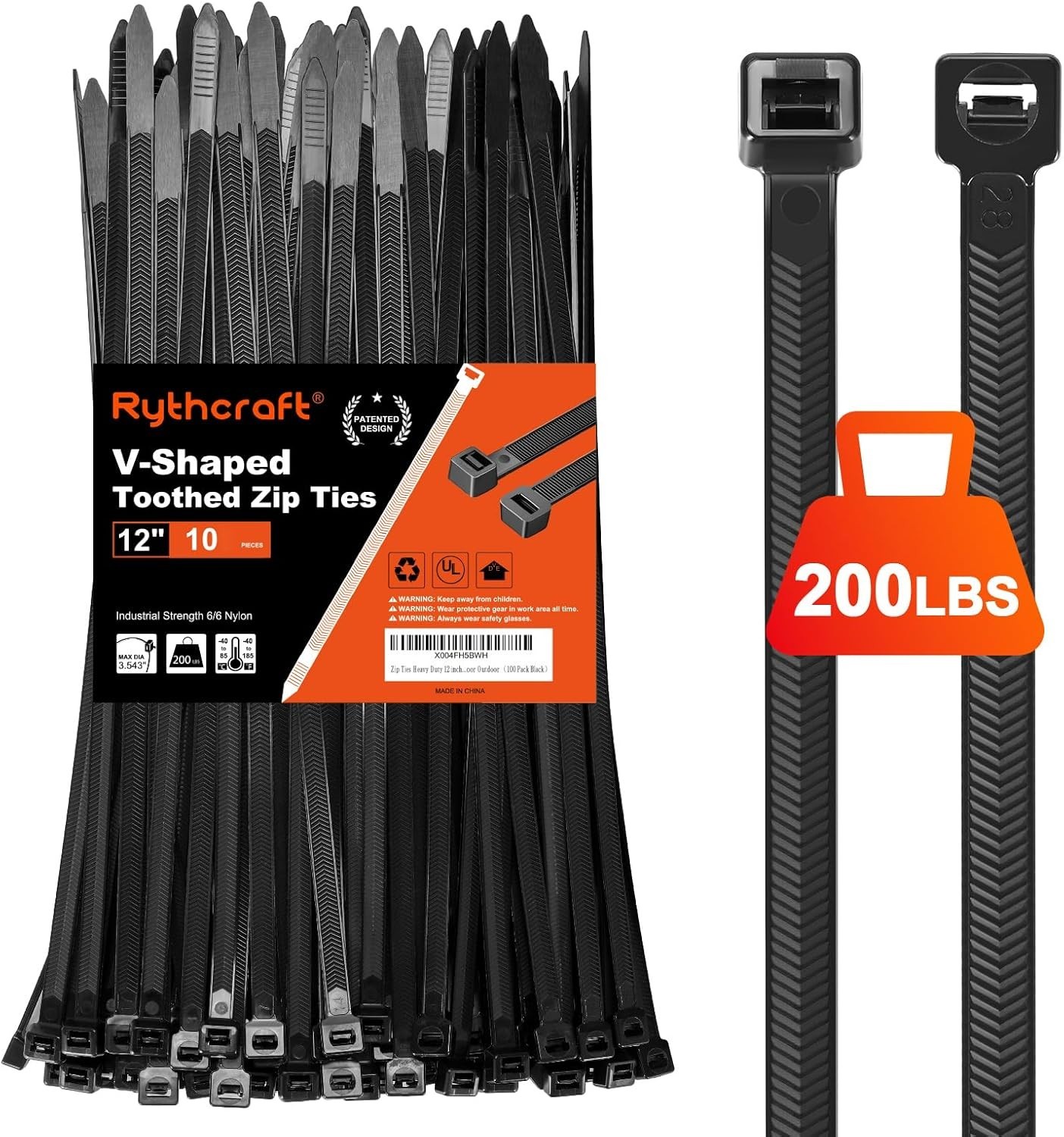 Zip Ties Heavy Duty 12 inch，V-Shaped Toothed Double Sided With 200 LBS Black