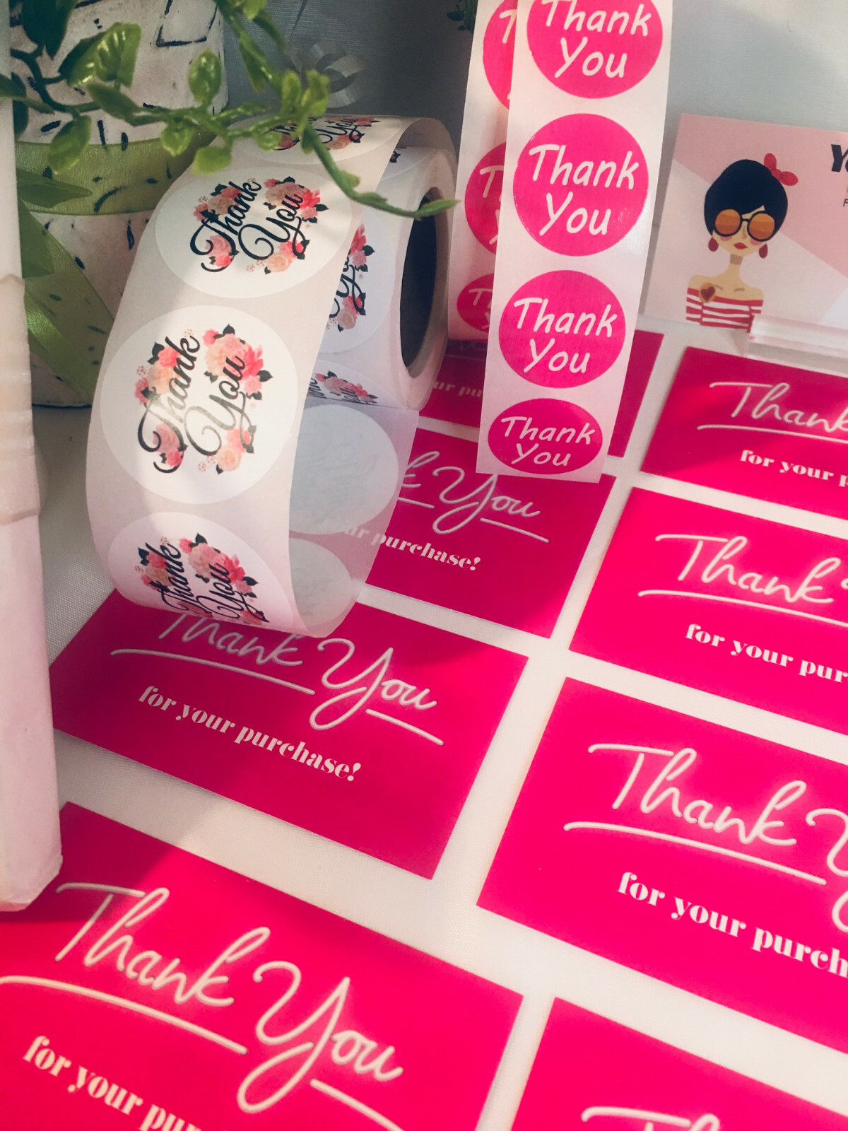 150 pcs Thank You Business Cards, Thank You Stickers, Hot Pink, Floral