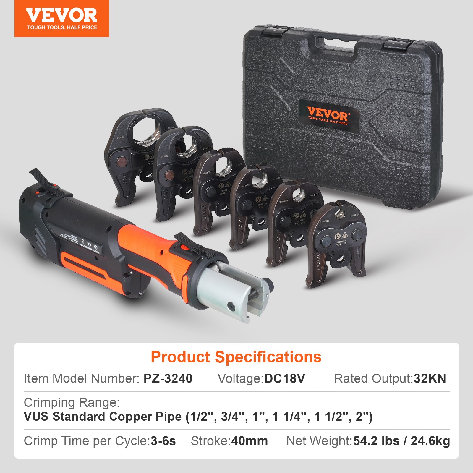 1/2″-2″ Pro Press Tool Pipe Crimping Kit with 6 Jaws DC18V PZ-3240