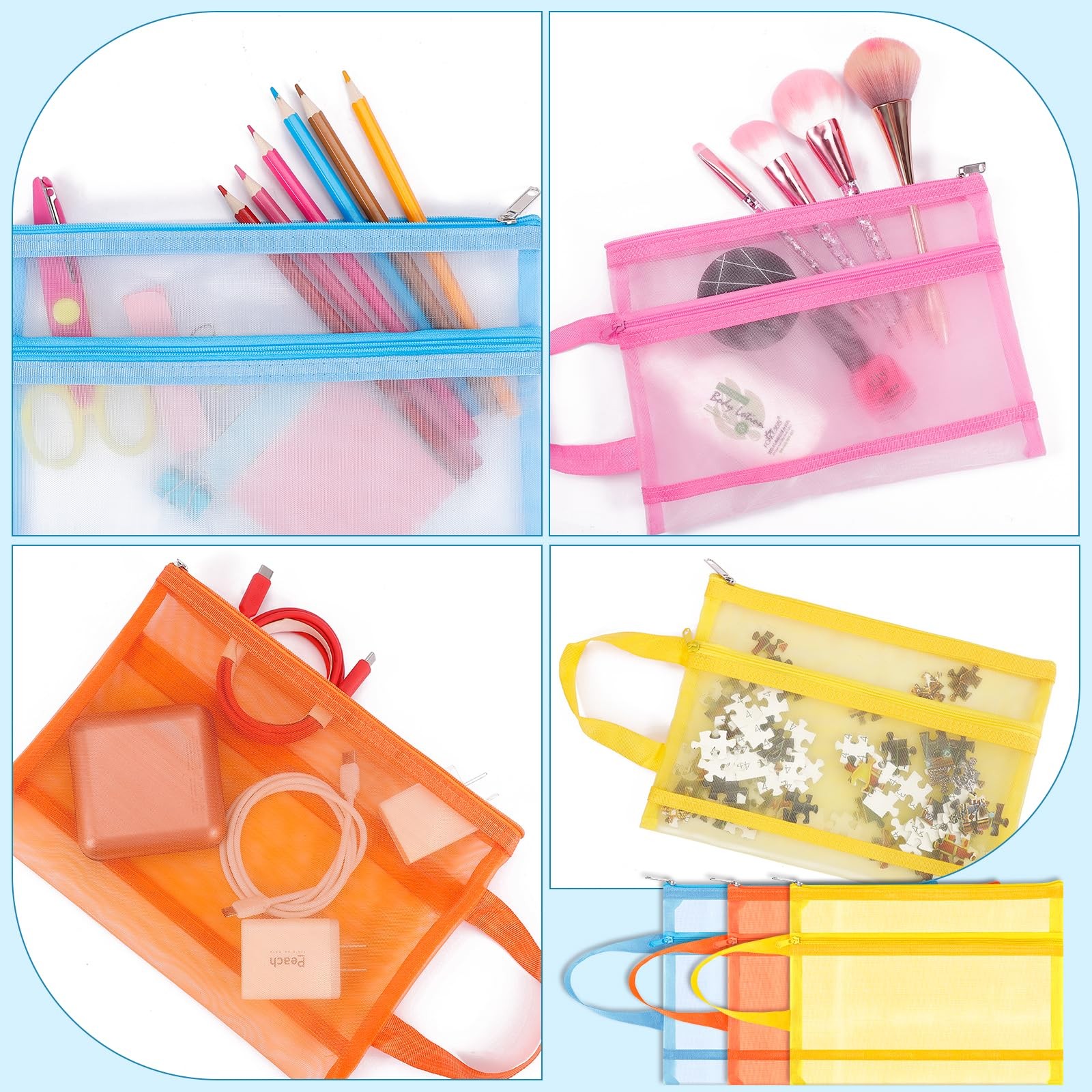 6 PCS Mesh Zipper Pouch Bags Double Layer Nylon Handle Travel Office Pink A5