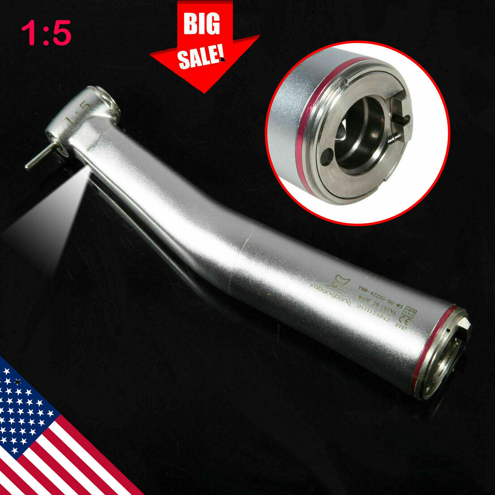 Dental 1:5 LED Fiber Optic Increase Contra Angle Handpiece 4 Way Spray USA
