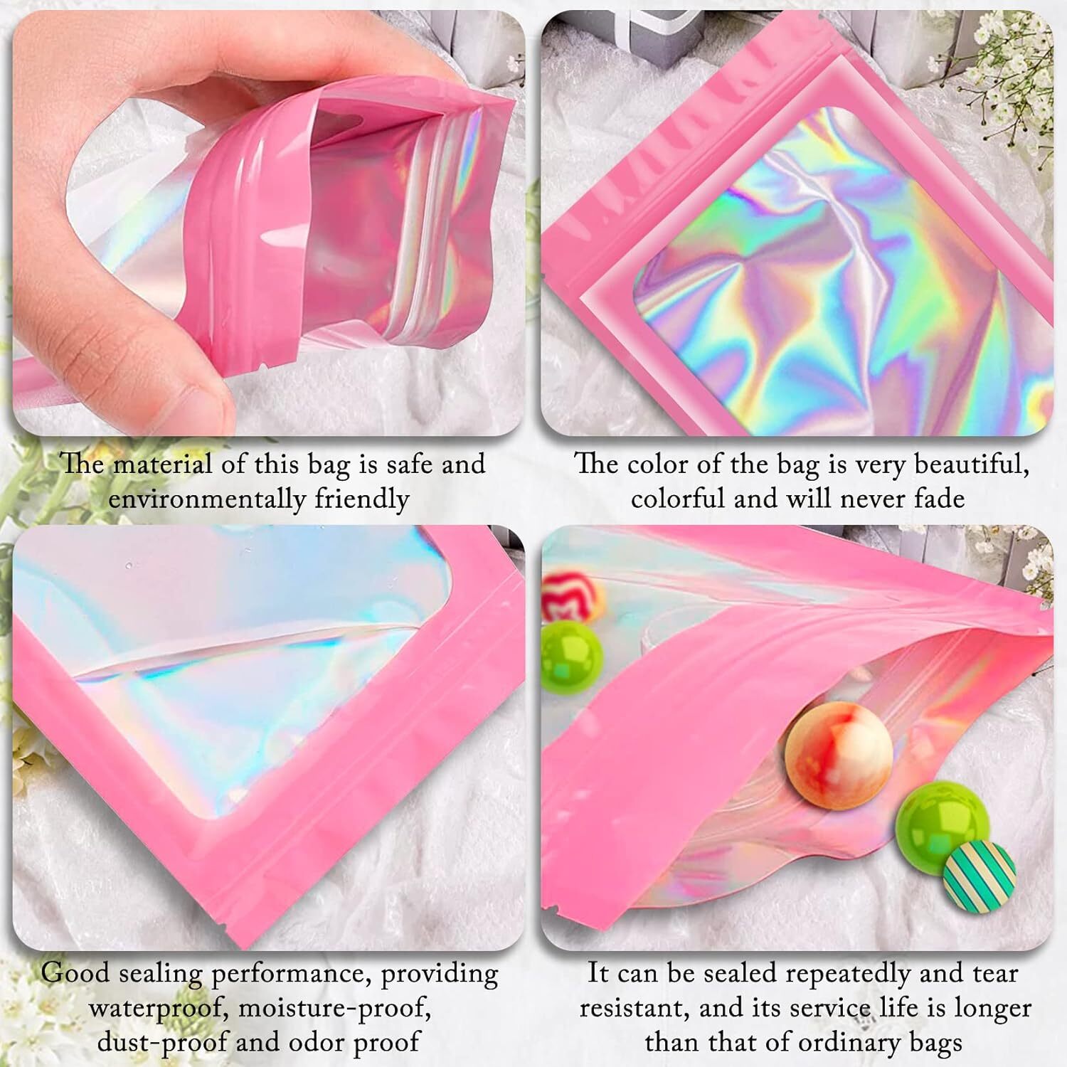 Smell Proof Mylar Bags Holographic Resealable Food Foil Pouches Zipper Lock Pink