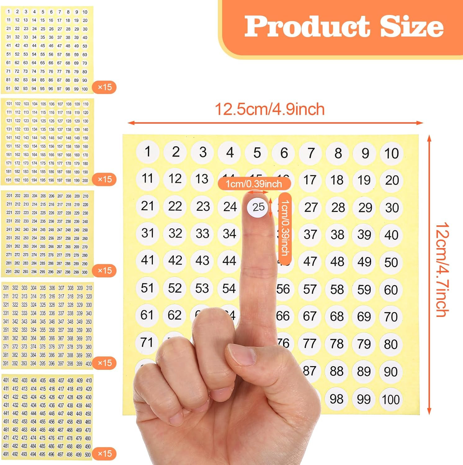 7500 Pcs 1-500 Number Stickers, 15 Sets Consecutive round Labels, 0.4 Inch Self-