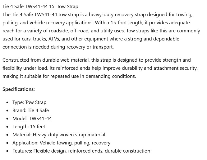 1 NEW TIE 4 SAFE TWS41-44 15’ TOW STRAP NNB ***MAKE OFFER***