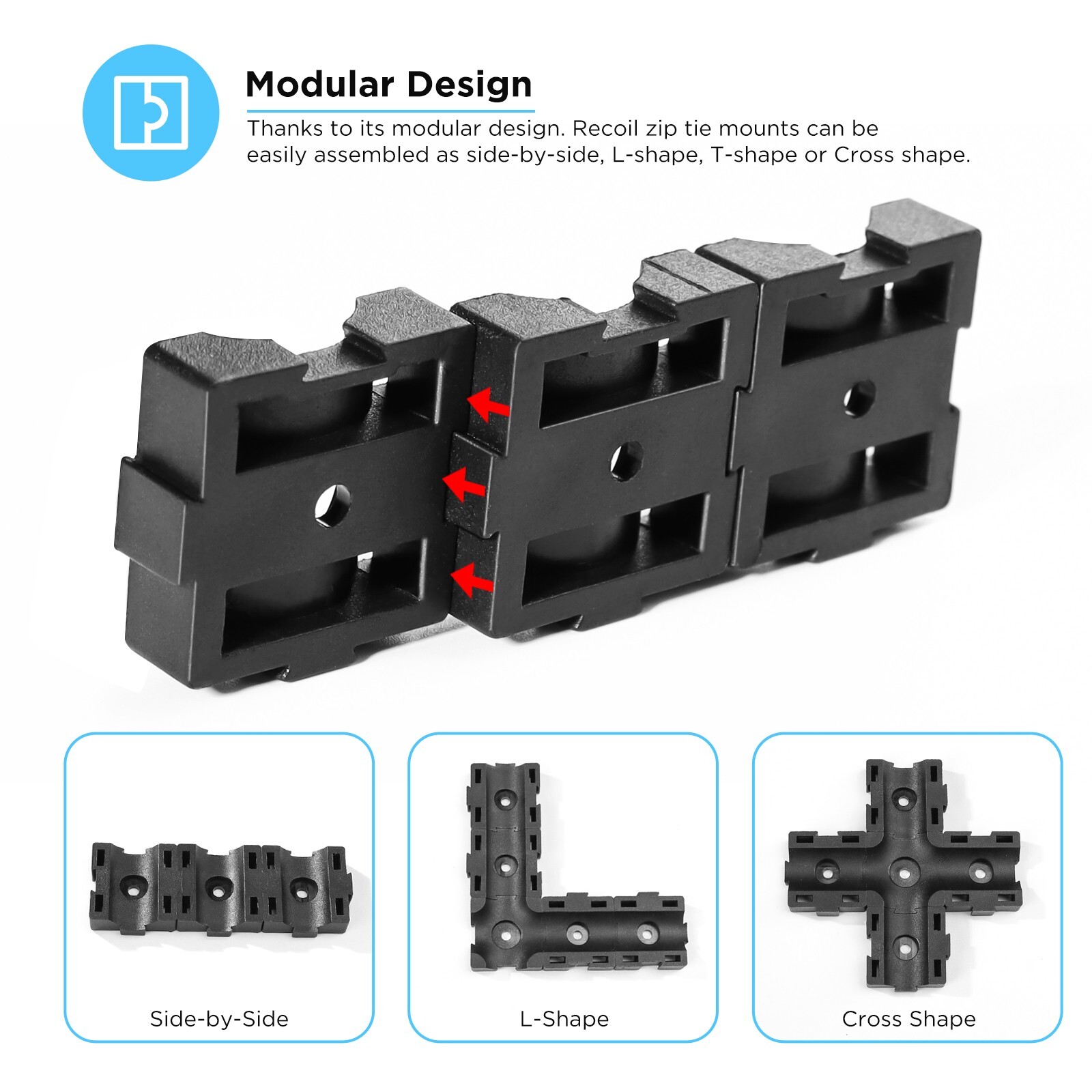 Recoil ZTM25-K100 100Pcs Modular Cable Zip Tie Mounts, Dual Slots, Size 1” X 1”