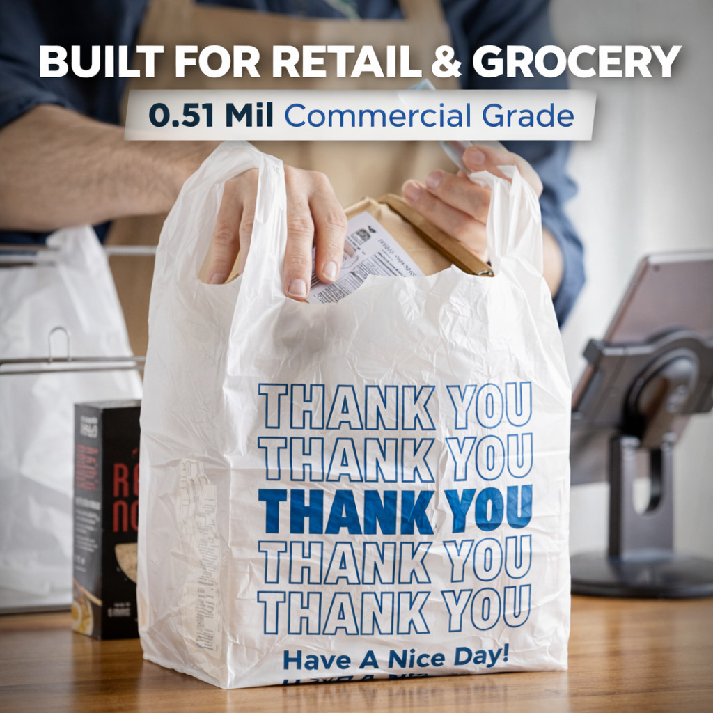 Bags 1/6 Large 21 x 6.5 x 11.5 White THANK YOU T-Shirt Plastic Shopping Grocery