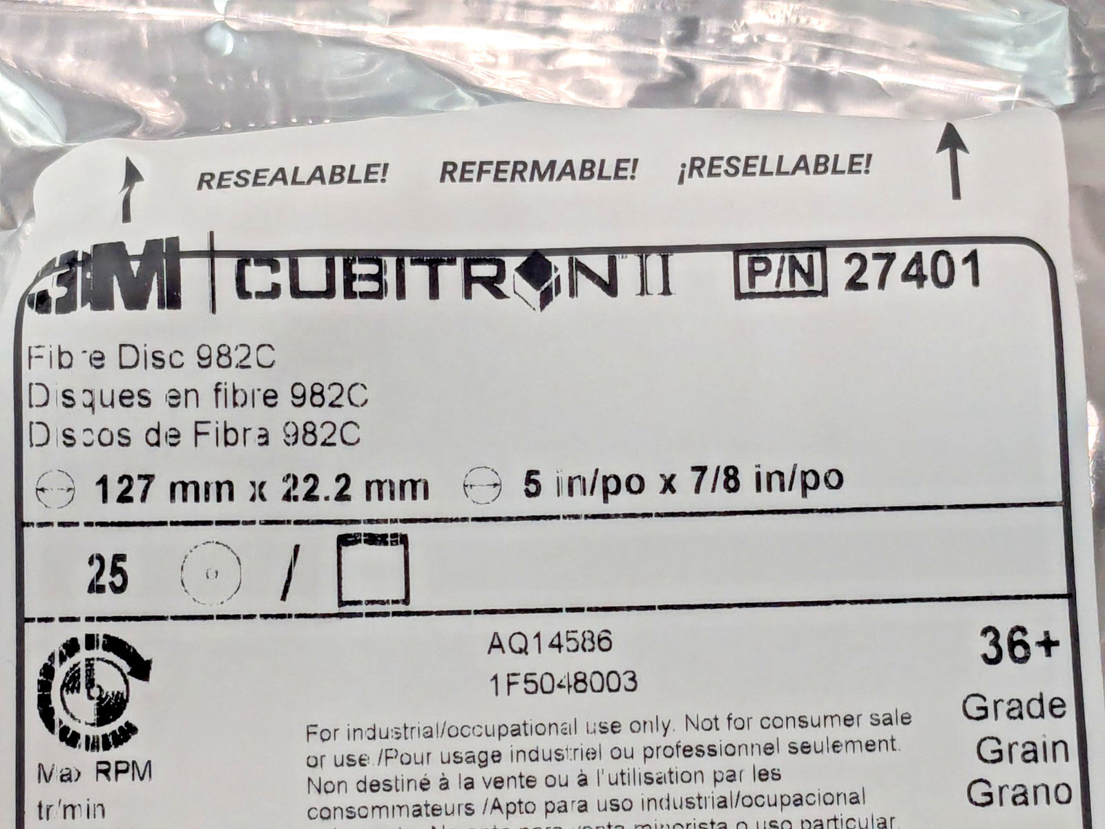 25 PK 3M CUBITRON II Fiber Discs 982C 5″ x 7/8″ 36 Grit 27401 7000000392