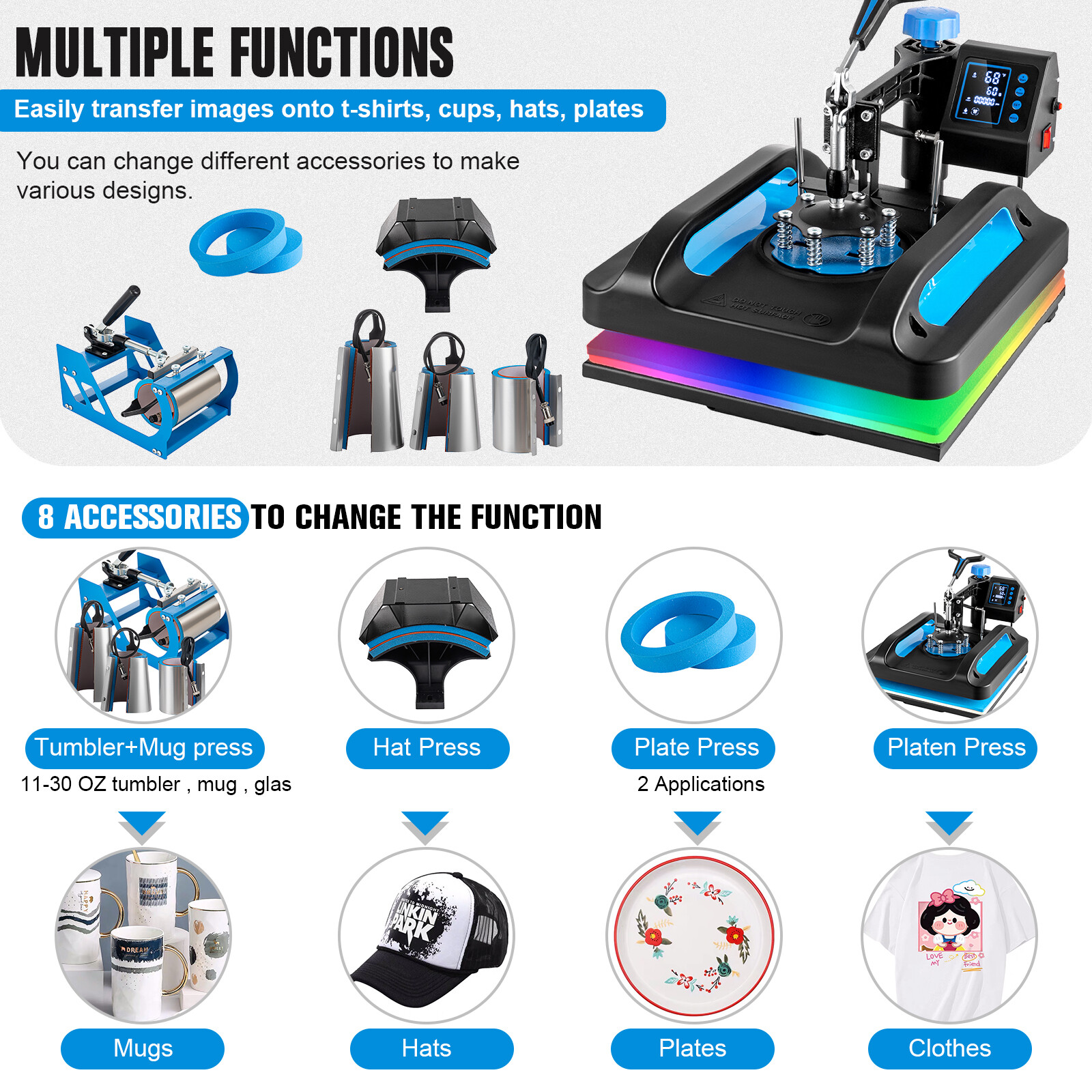 8 in 1 Heat Press Machine Digital Transfer Sublimation T-Shirt Mug Hat Plate Cap