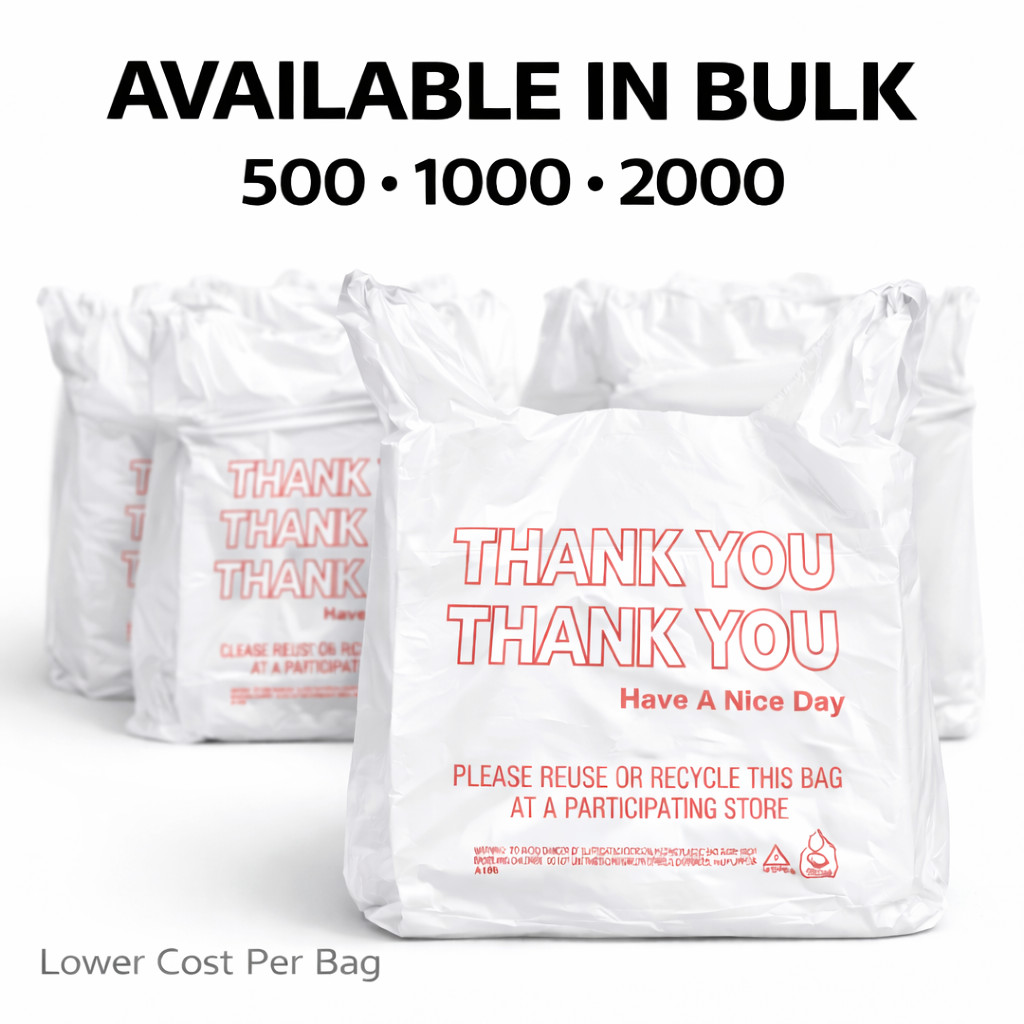 500 Bags 1/6 Large 21 x 6.5 x 11.5 “Thank You” T-Shirt Plastic Grocery Shopping